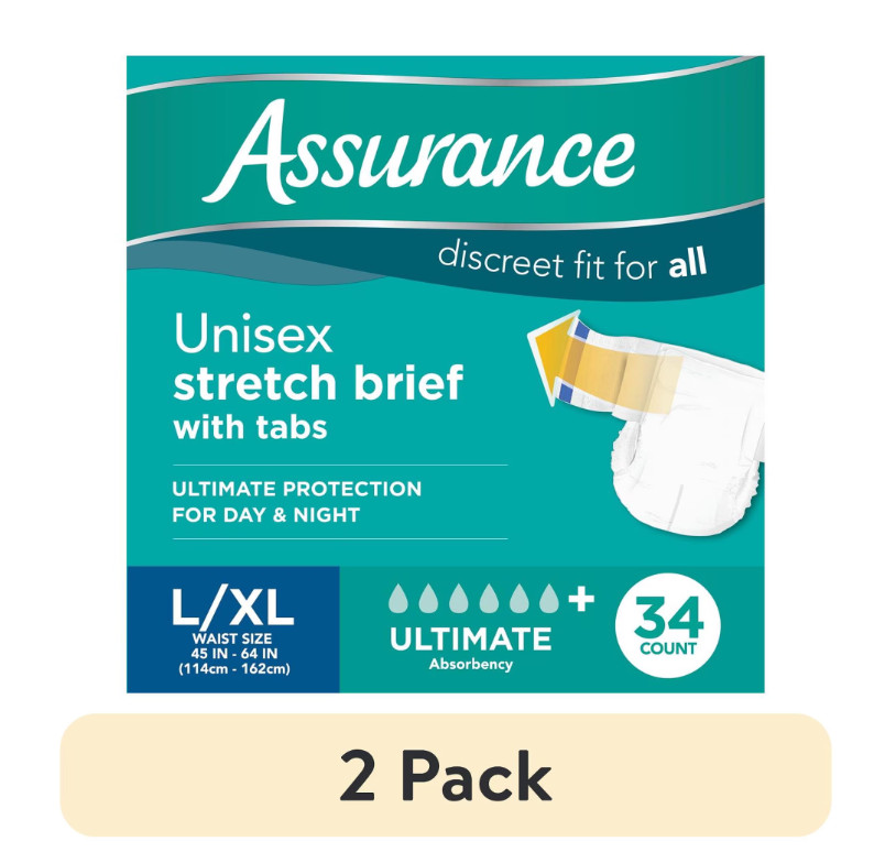 (2 pack) Assurance Unisex Stretch Briefs with Tabs, L/XL, 34 Count