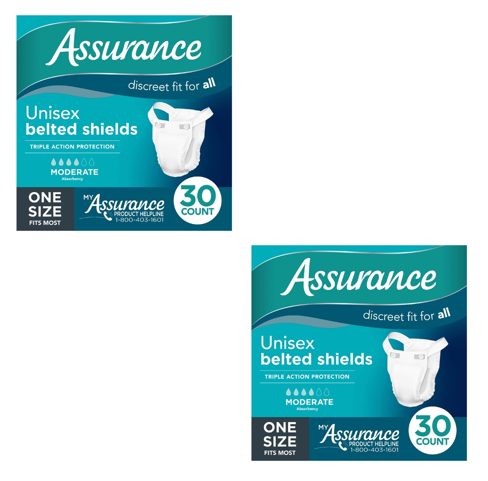 60 Count Assurance Incontinence Belted Shields Unisex Moderate Absorbency (2×30)