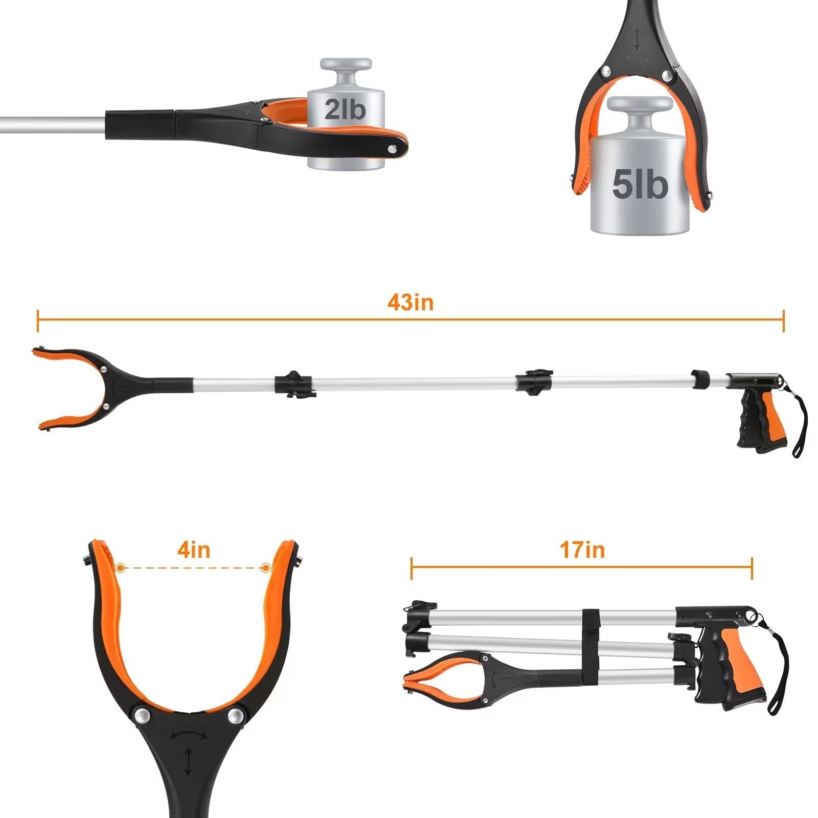 43″ Extra Long Grabber Tool, Foldable Grabbers for Elderly 43 Inch, Orange