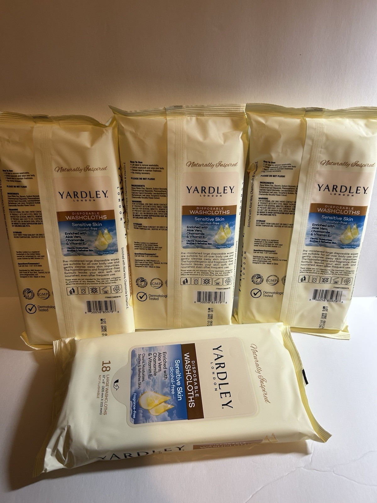 YARDLEY LONDON 4 Qty 18 Ct Packs Large Disposable Washcloths Sensitive Skin NEW