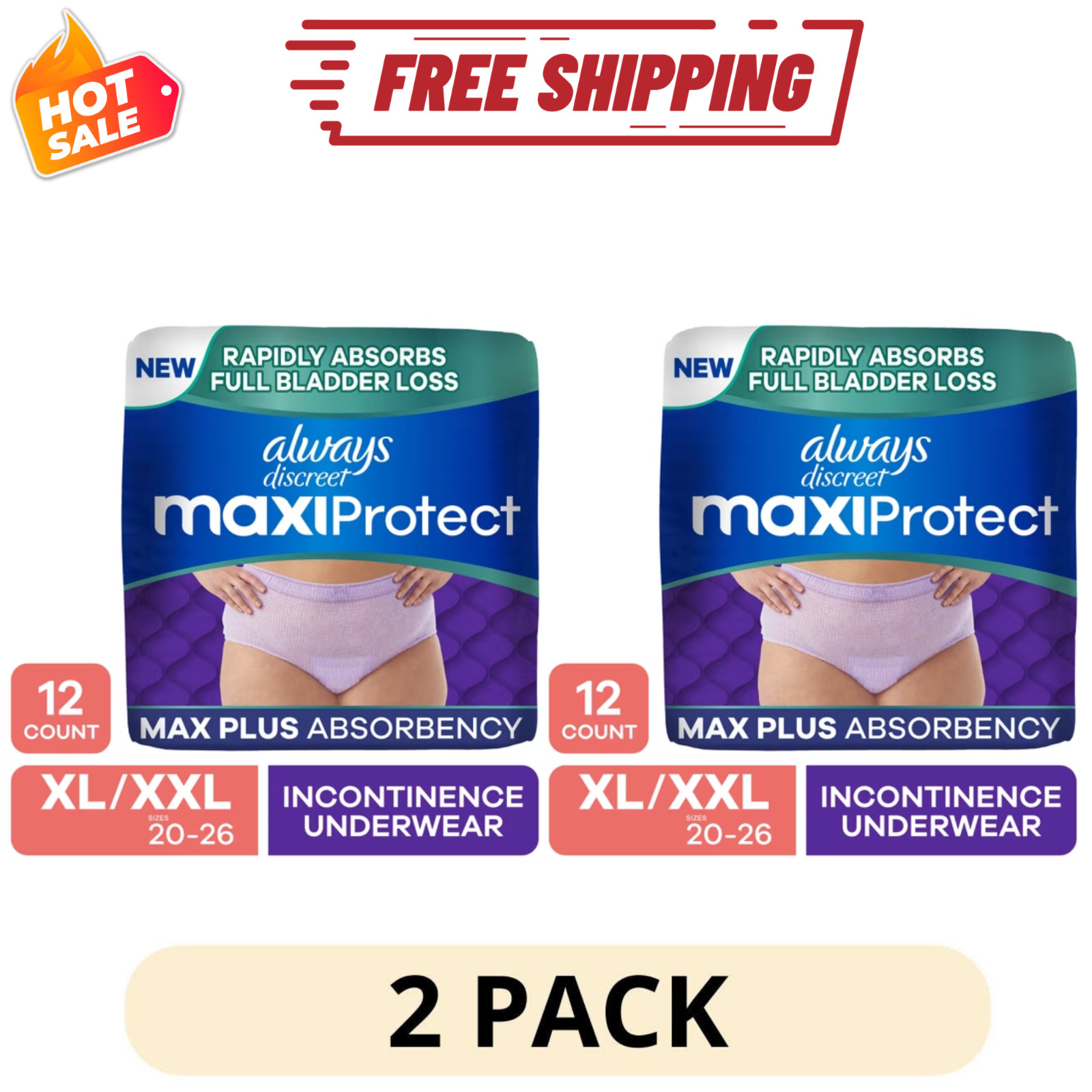 2 Pack Always Discreet MaxiProtect Adult Diapers for Women XL XXL 12 Count