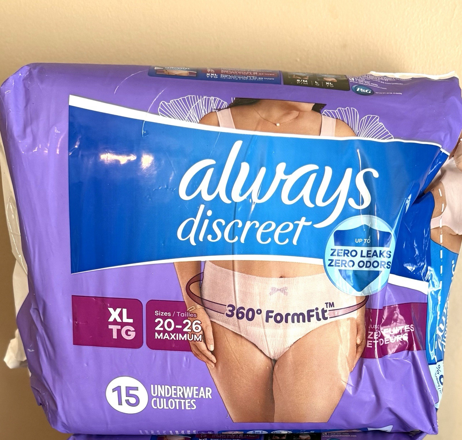 2 ALWAYS DISCREET WOMEN’S XL (15 UNDERWEAR PER PACK) ZERO LEAKS ODORS (SEALED)