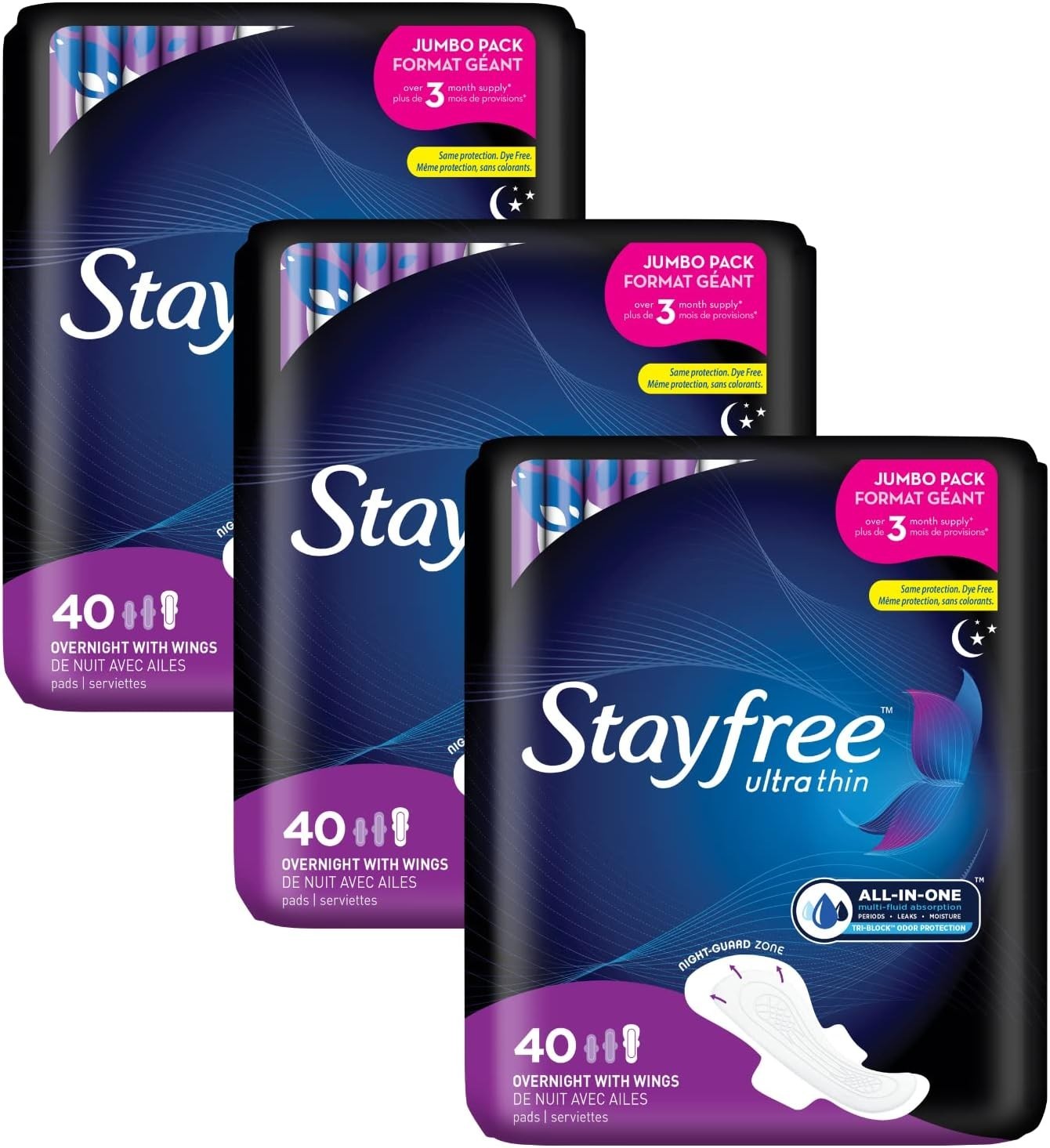 Stayfree Ultra Thin Overnight Pads 40 Count (Pack of 3), With Wings