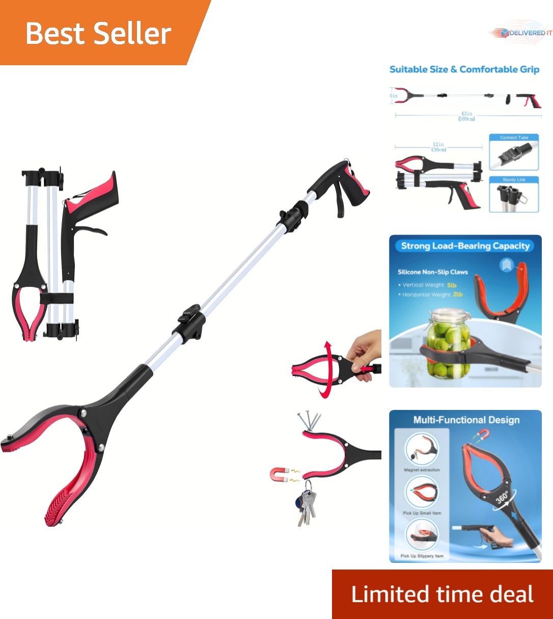 Grabber Reacher Tool Heavy Duty 43In Long Foldable Mobility Aid for Seniors