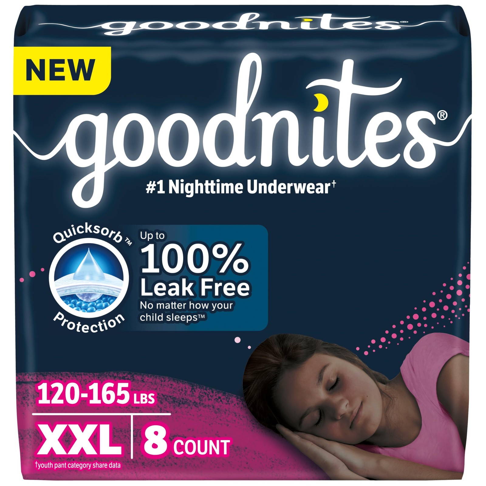Goodnites Girls’ Nighttime Underwear, Size XXL (120-165 lbs), 8 Ct,