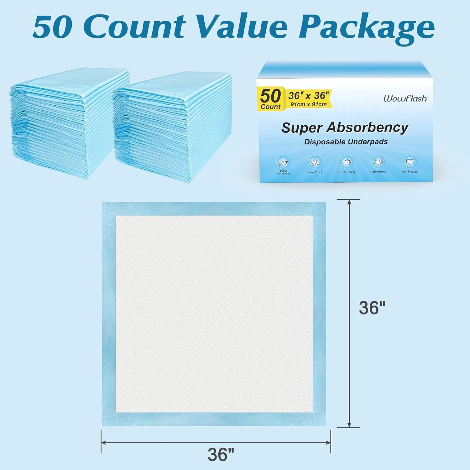 50 Count 36″x36″ Disposable Underpads – Quick Drying & Leakproof for All