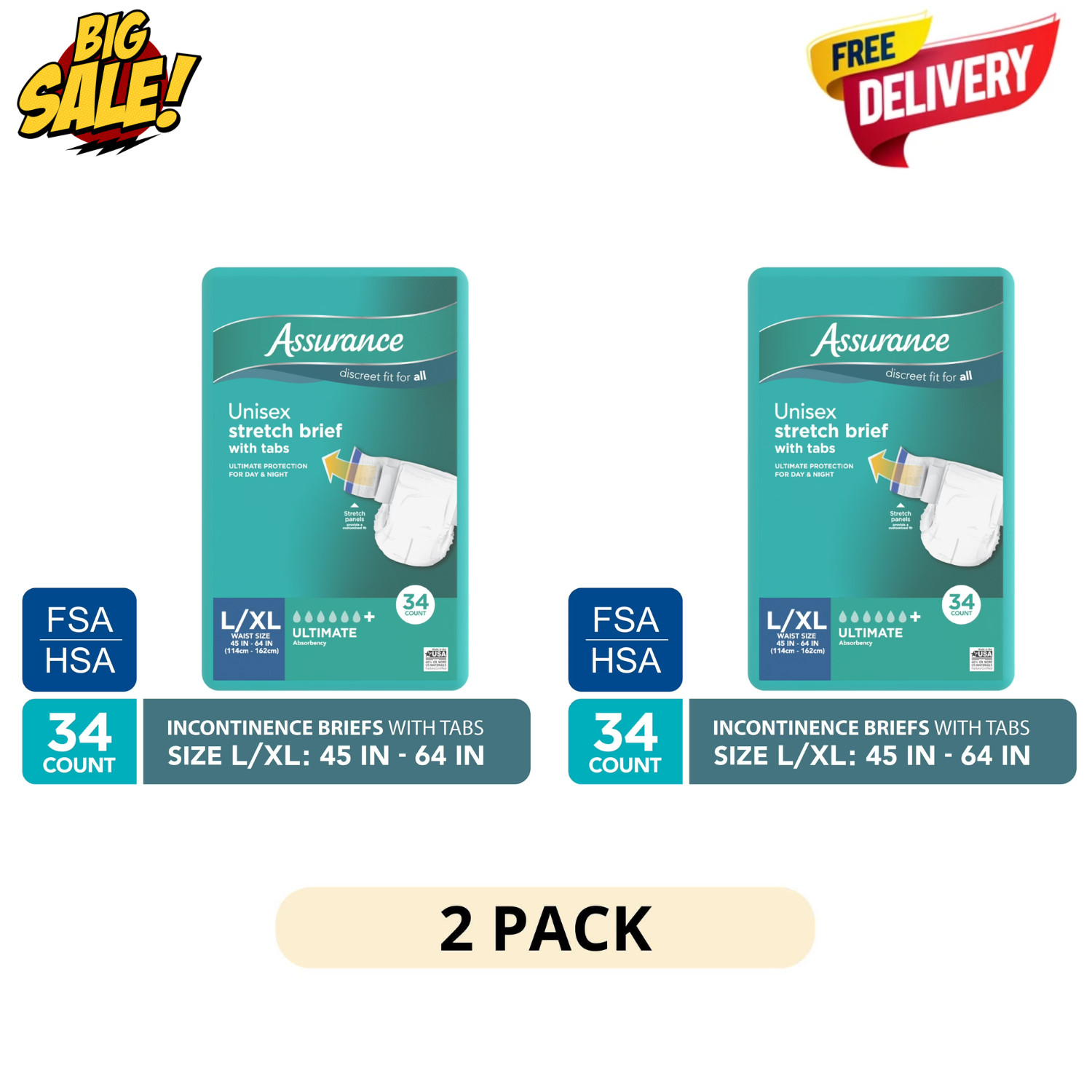 2 Pack Assurance Stretch Briefs with Tabs L XL Incontinence 34Ct