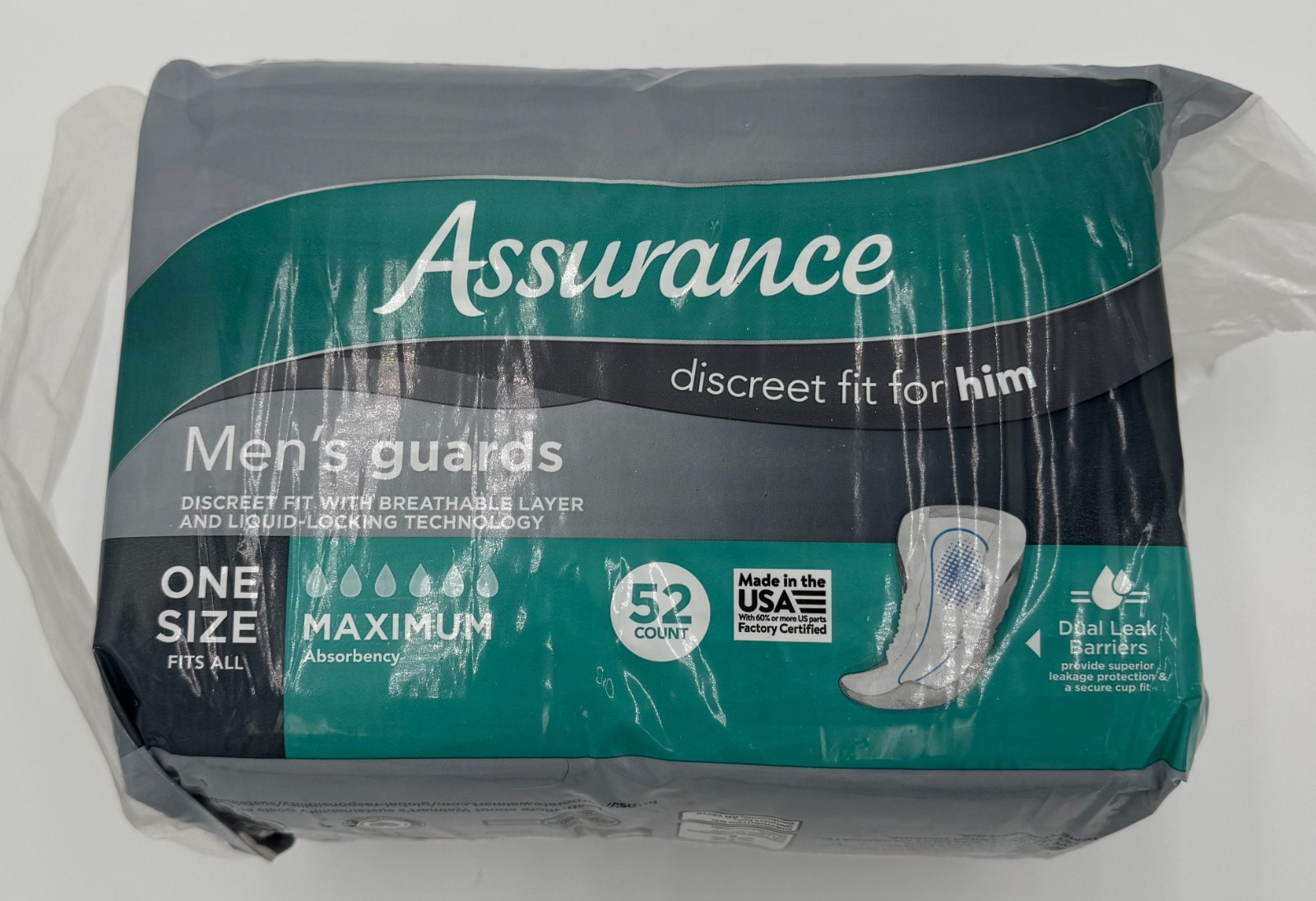 Assurance Men’s Guards, Maximum Absorbency, One Size Fits All, 52 Count