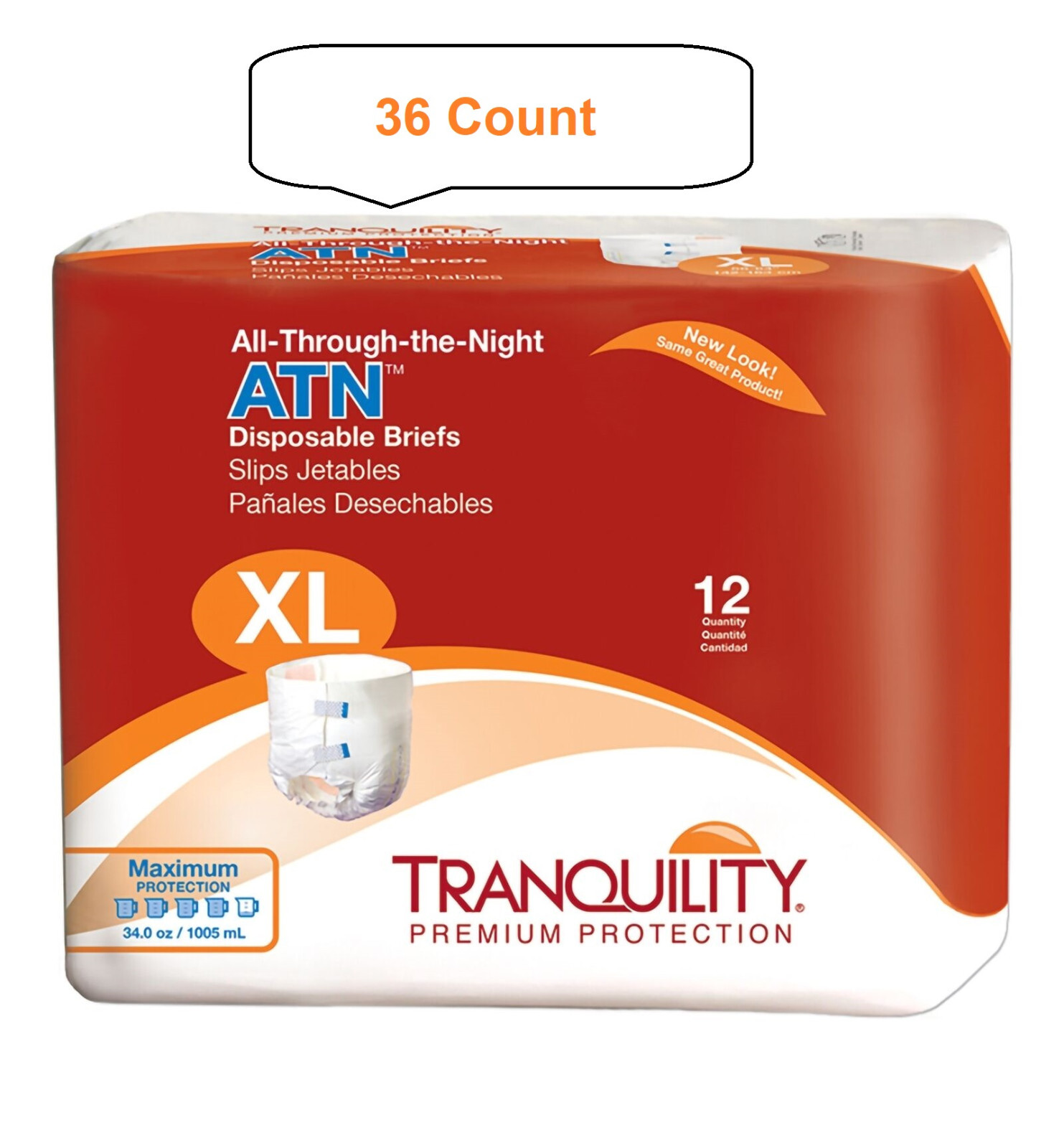 36 Pc Tranquility ATN Incontinence Brief X-Large Overnight Heavy Absorbency 2187