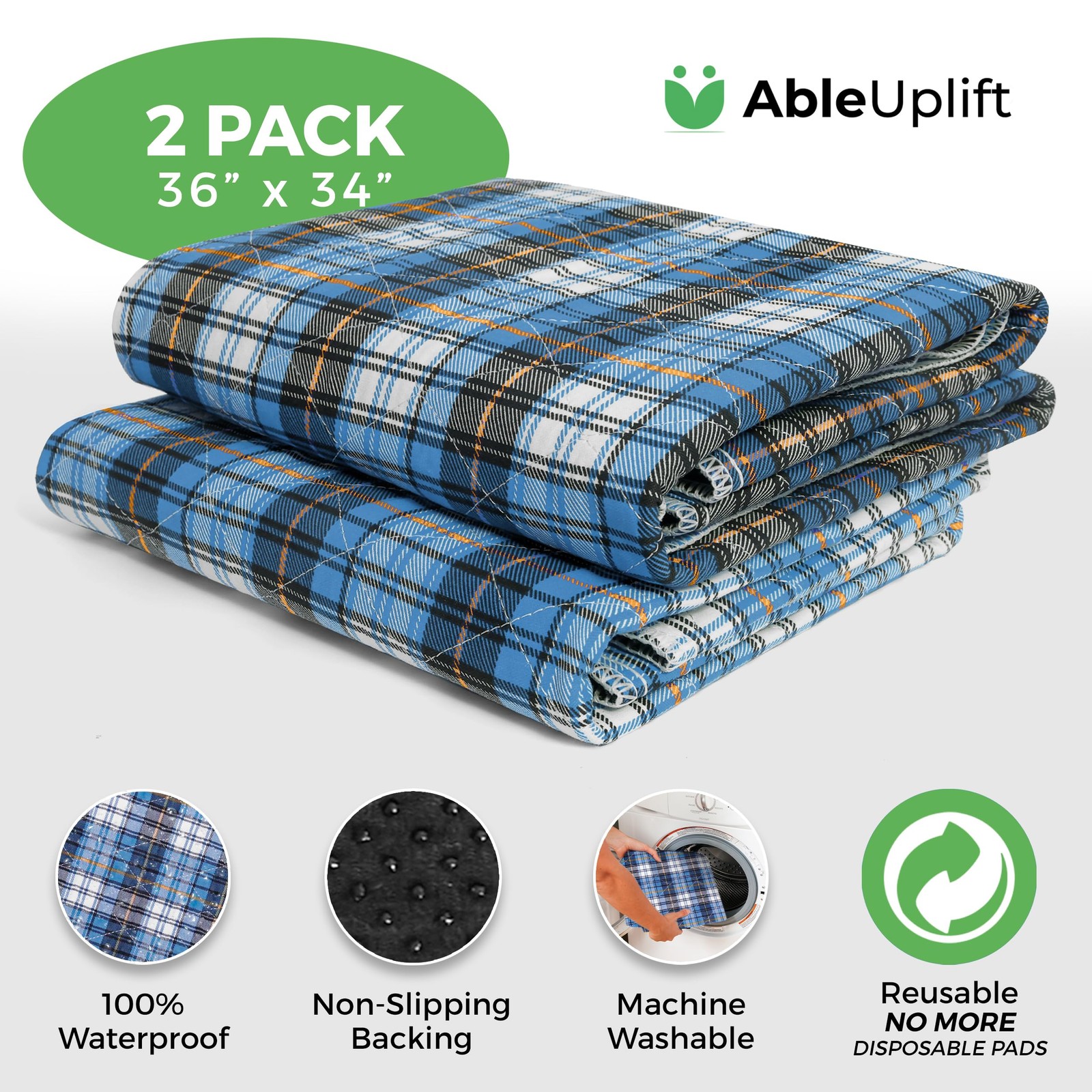 Bed Pads Washable Waterproof, Incontinence 2 Pack – 36″X34″, Blue Plaid