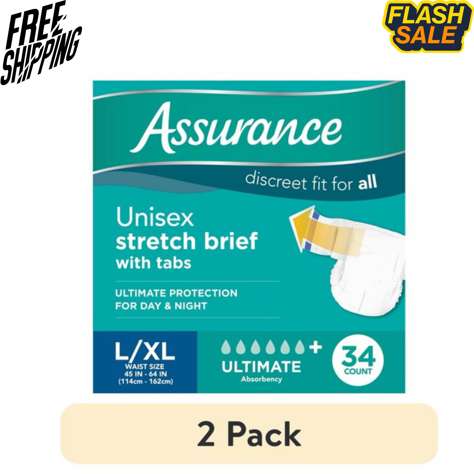 2 Pack Assurance Unisex Stretch Briefs with Tabs L XL 34 Count