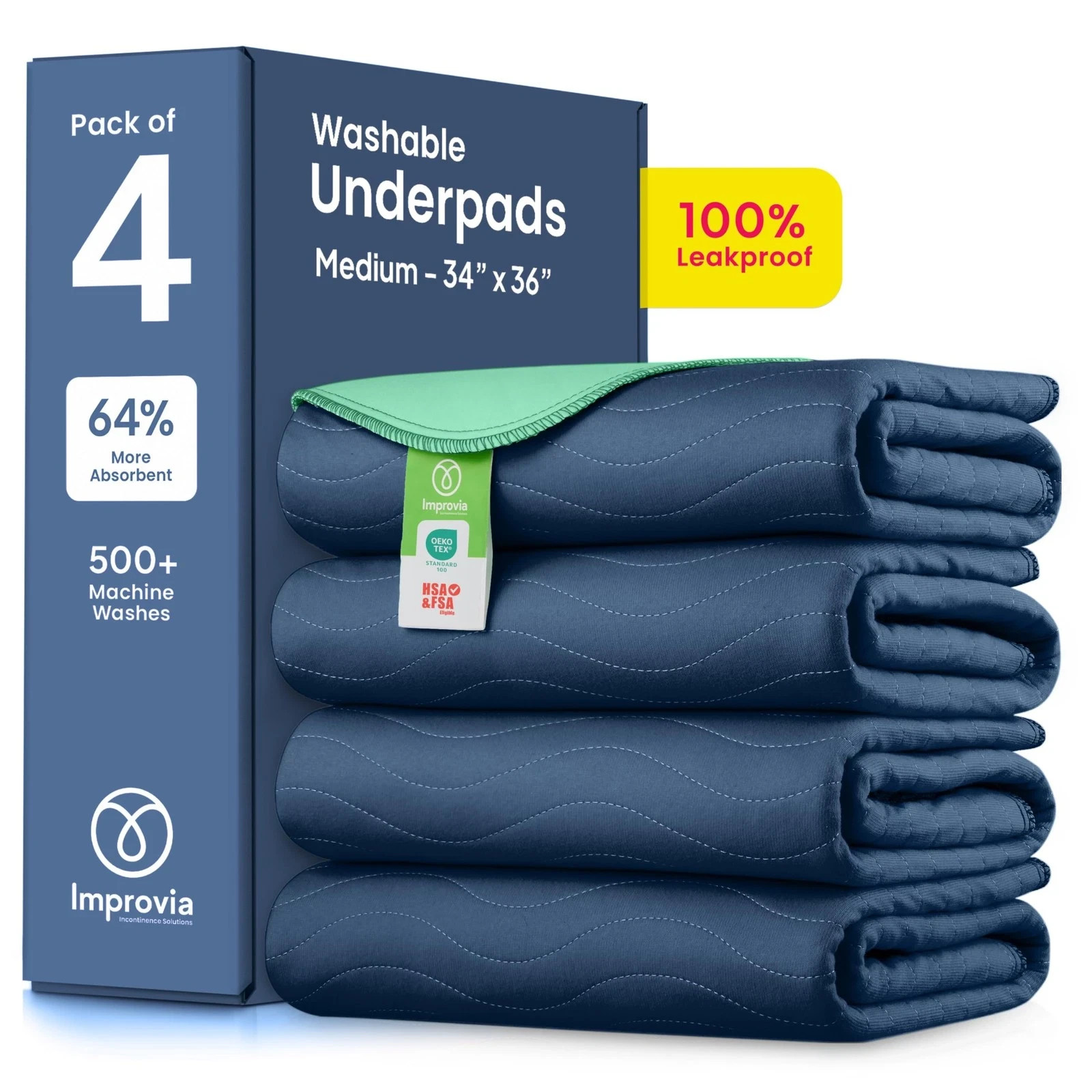 4 Pack IMPROVIA Washable Underpads, Heavy Absorbency Reusable Incontinence Pads