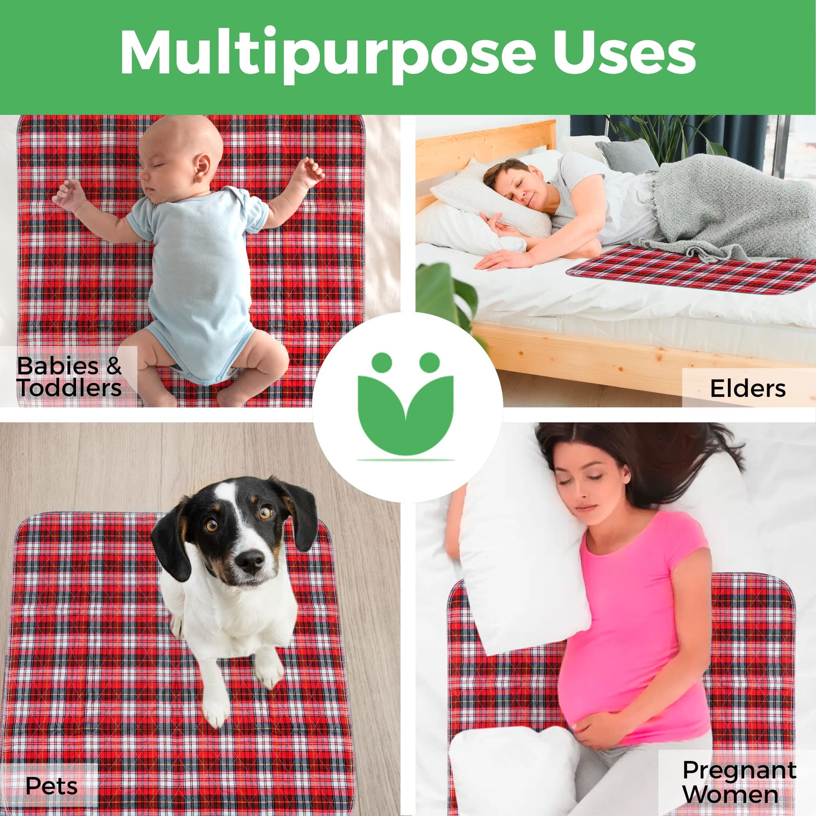 Bed Pads Washable Waterproof, Incontinence 2 Pack – 36″X34″, Red Plaid