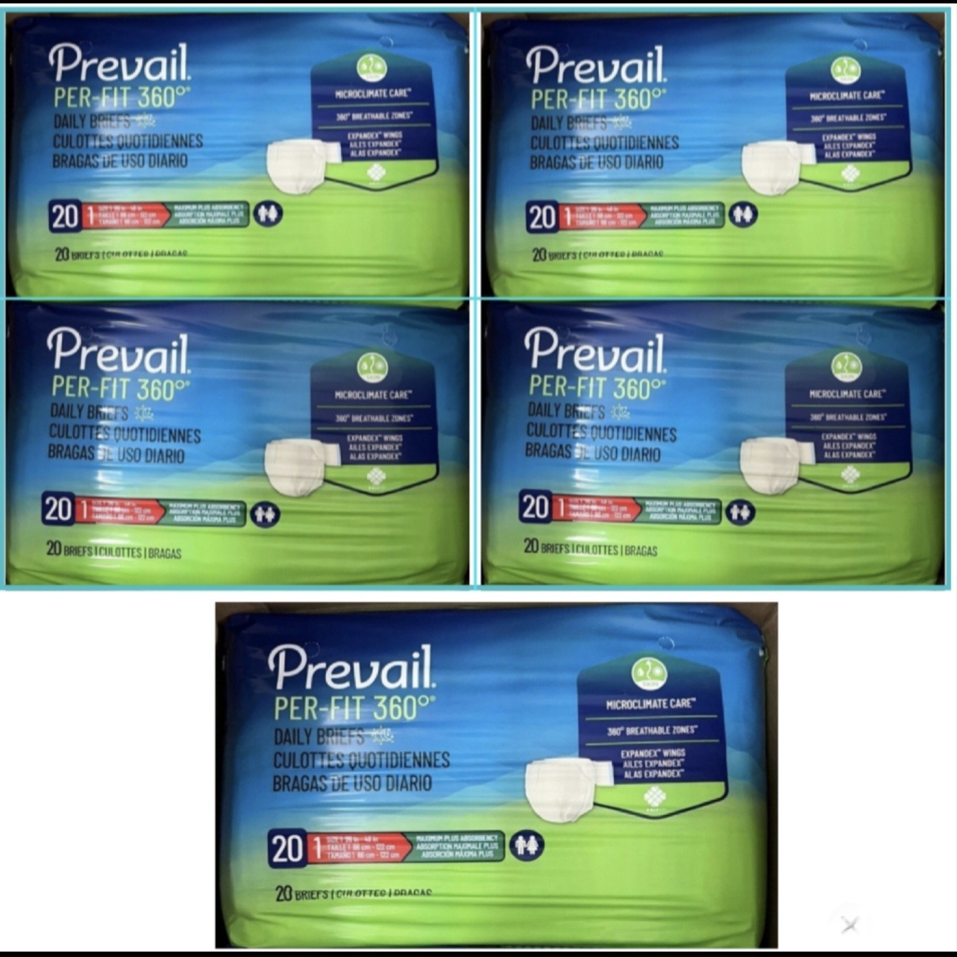 Lot of 5 Prevail Adult Diapers Daily Briefs Expandex Wings Sz 1 (100 Total)