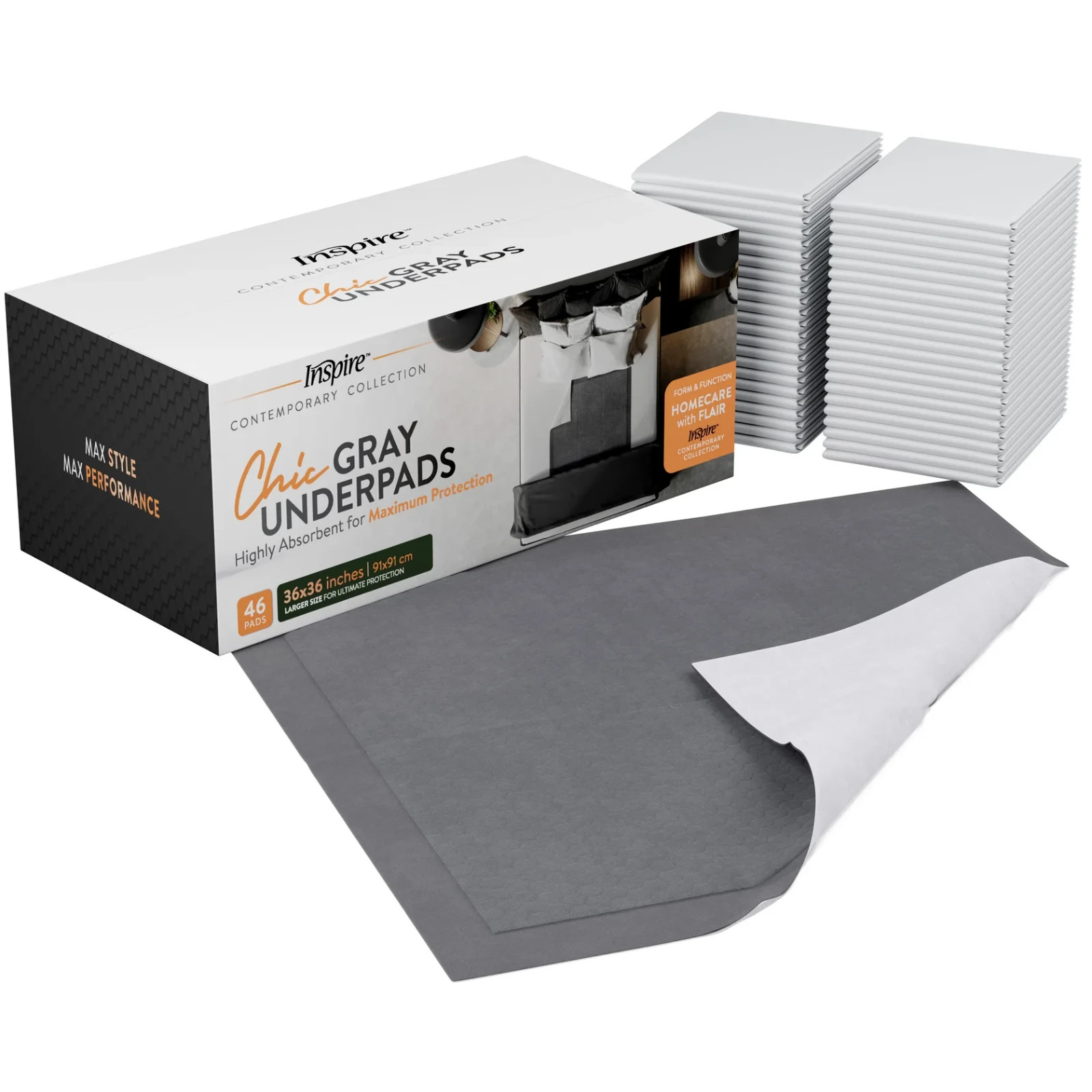 Inspire Ultra Underpads Incontinence Bed Chux Pads Chic Gray 36×36″ (Pack of 46)