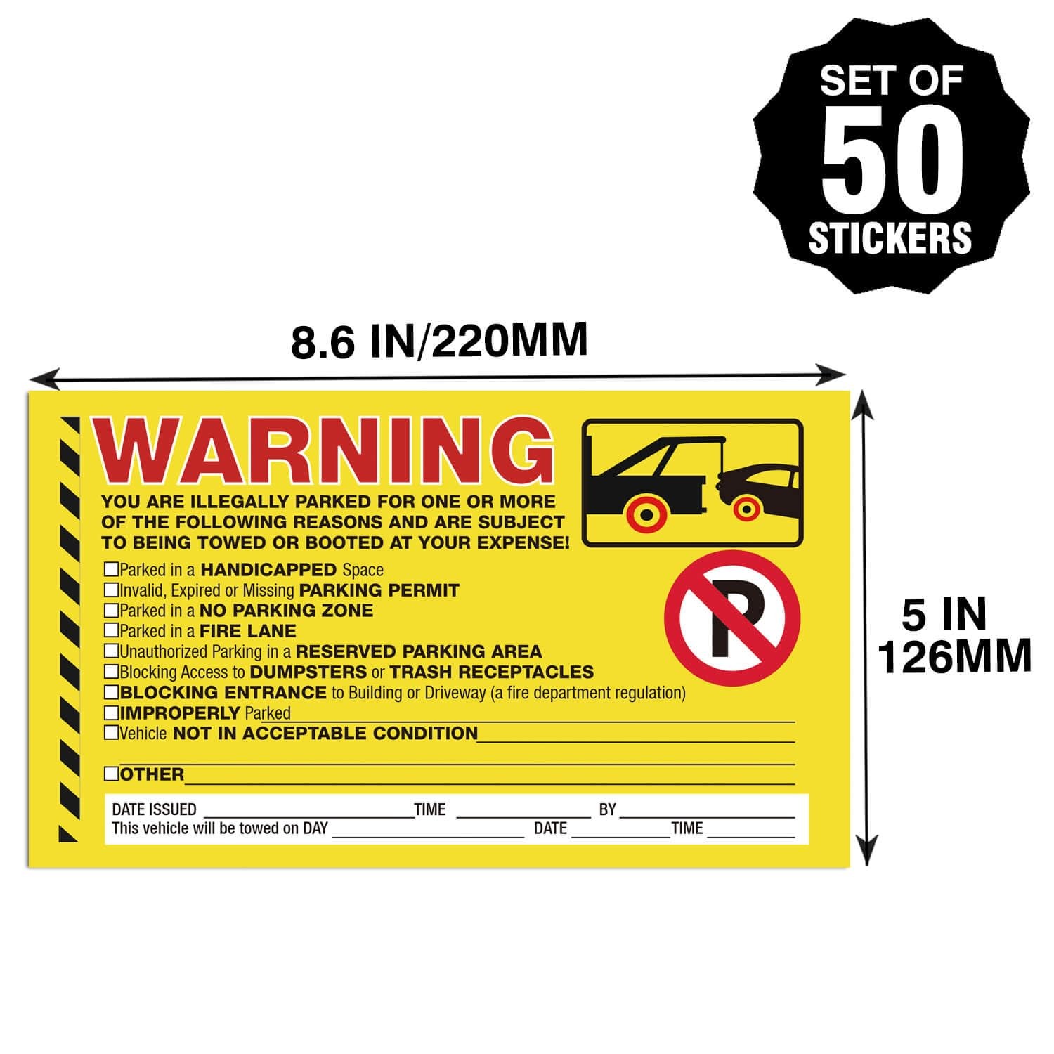 Parking Violation Stickers 50-Pack Adhesive Tow Warning for Car Window Fluoresce