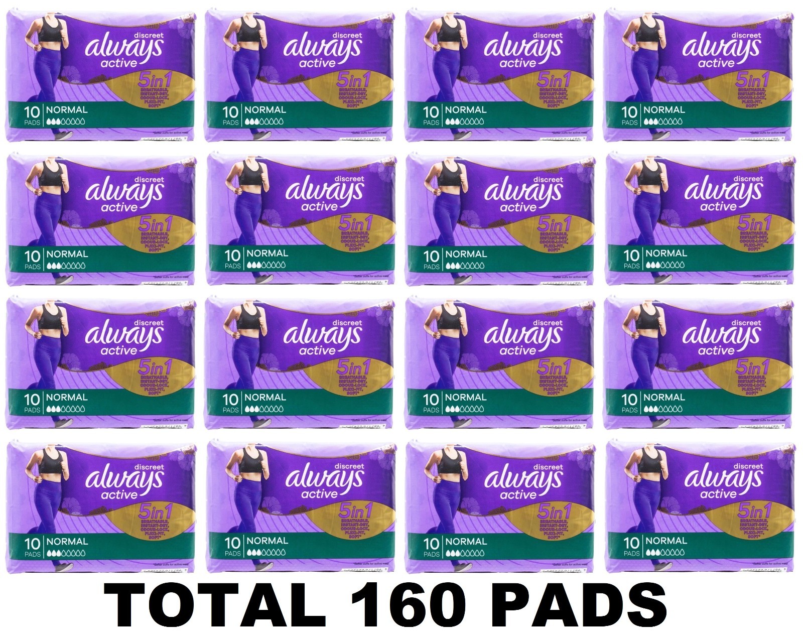 160 x ALWAYS ACTIVE PADS DISCREET 5 IN 1 NORMAL BRAND NEW (16 x PK10)