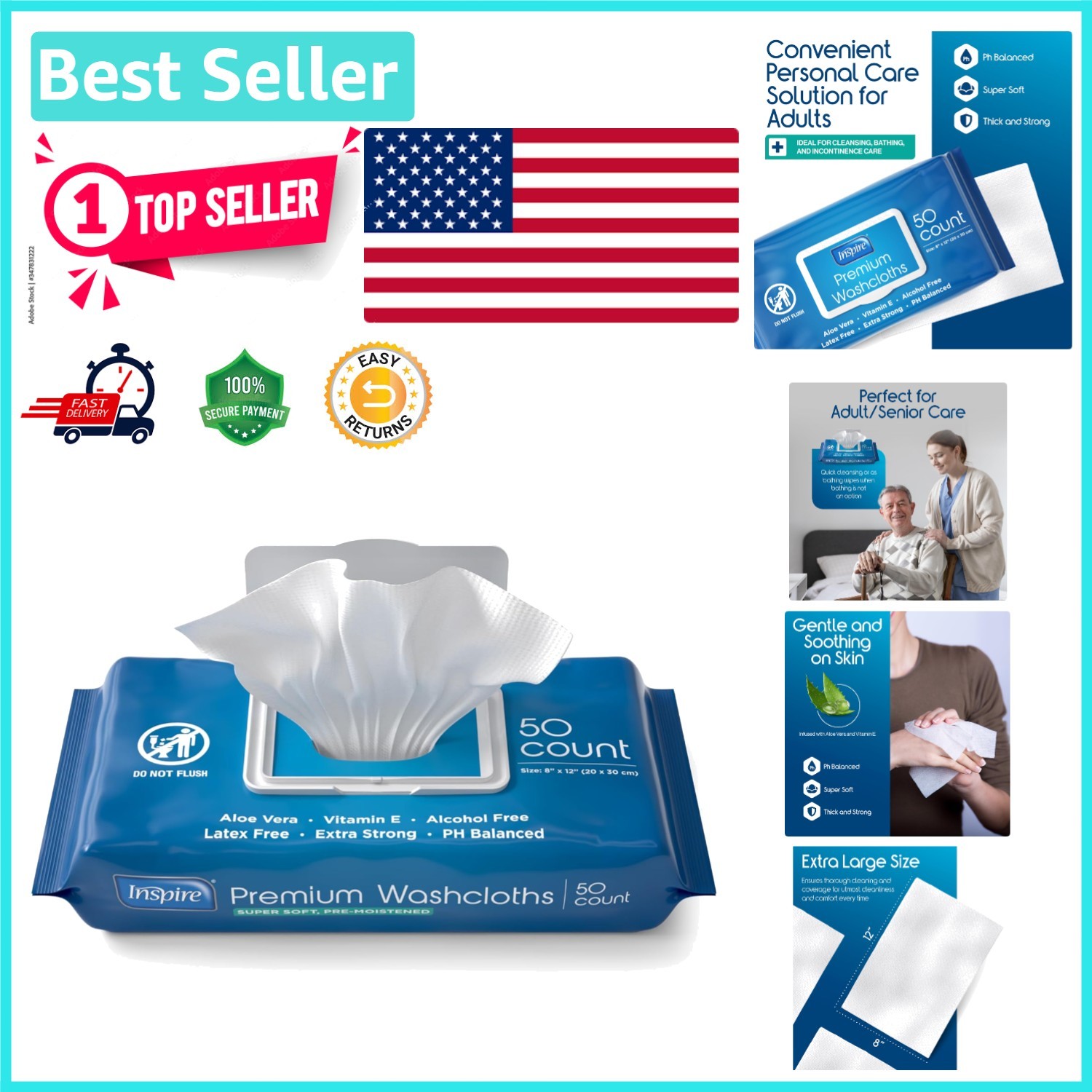 50 Count Aloe Vera Wet Wipes for Adults | pH Balanced Incontinence Care 8”x12”
