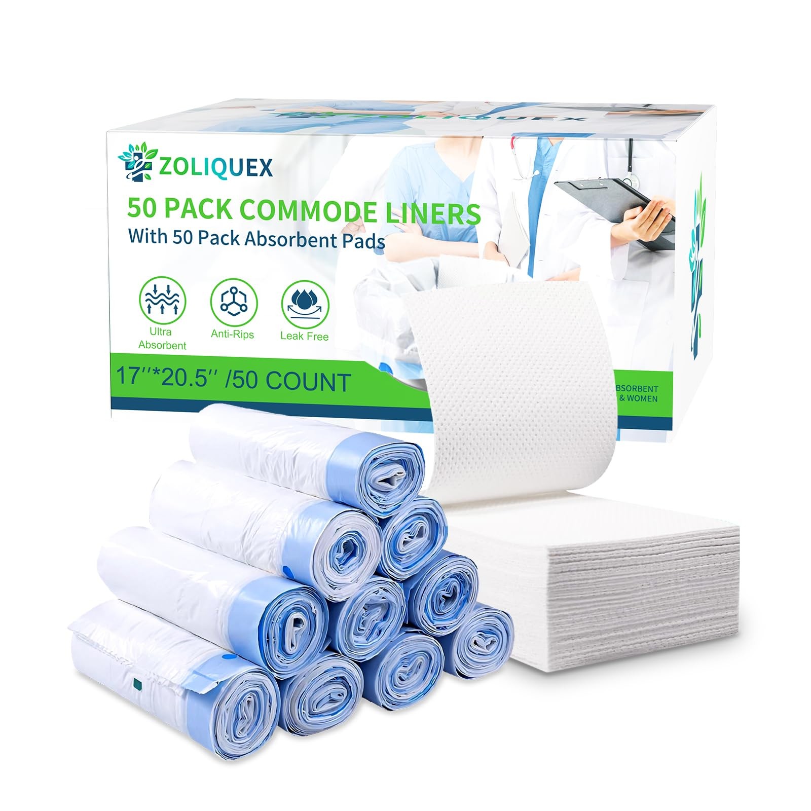 50 Pack Commode Liners with Absorbent Pads, Big Packaging Leak Bedside Commod…