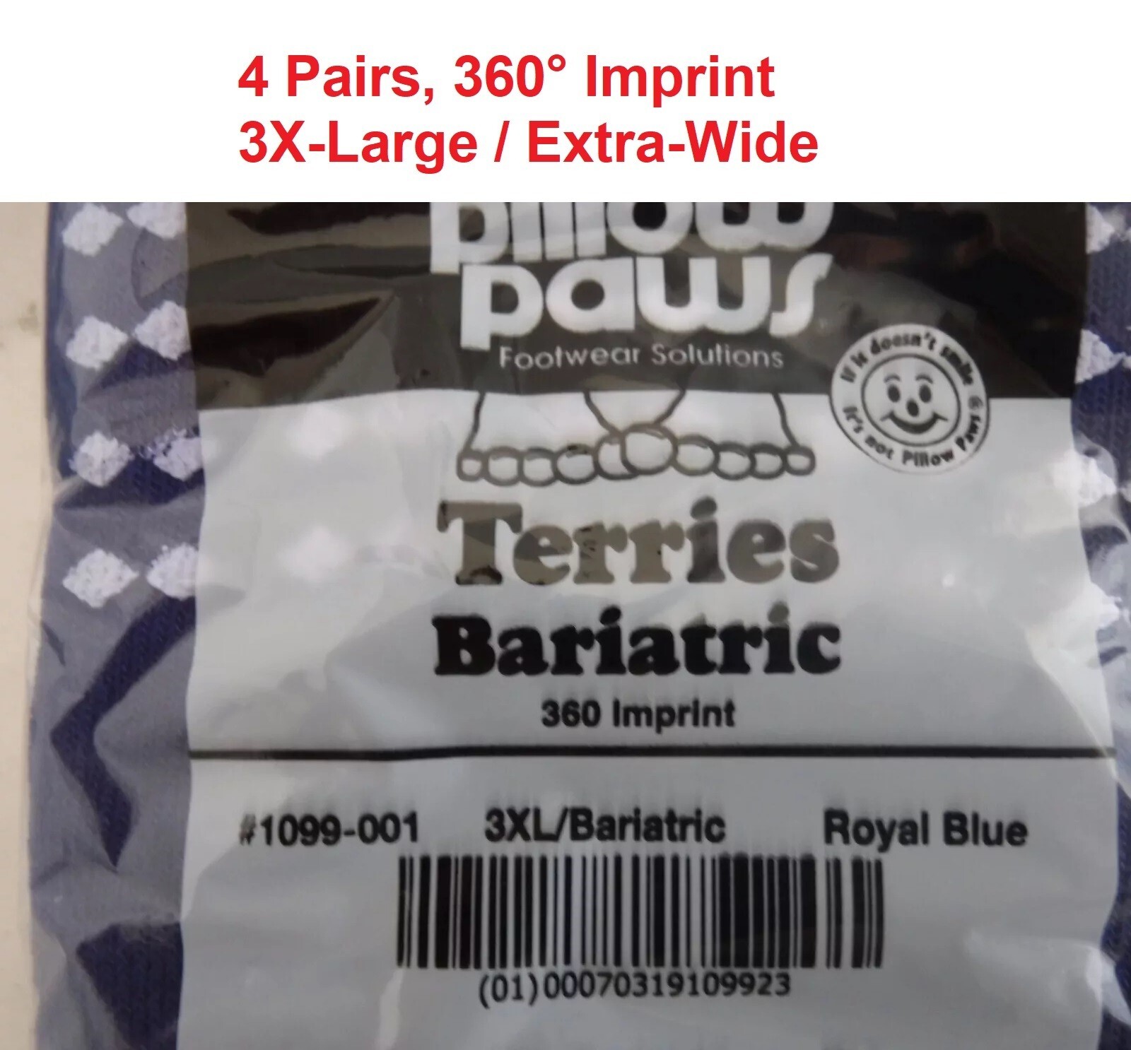 4 pairs Pillow Paws 1099-001 Terries Slipper Socks Bariatric Royal Blue 3X-Large