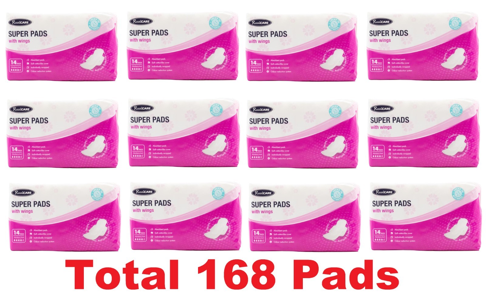 168 x REALCARE REAL CARE SUPER PADS WITH WINGS ABSORBENCY LEVEL 4 (12x PK14) NEW