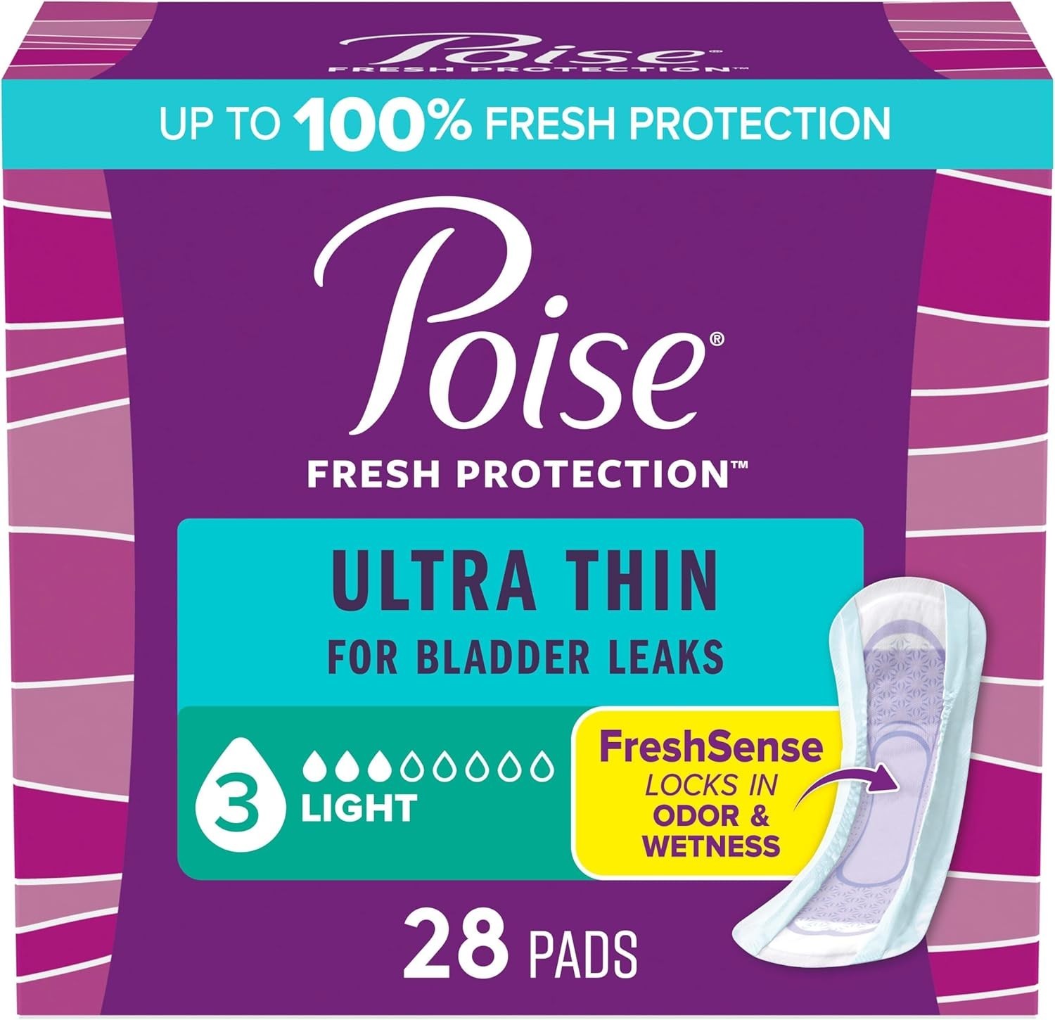 Poise Ultra Thin Incontinence Pads, Light Absorbency, Regular 28/132/144 Ct