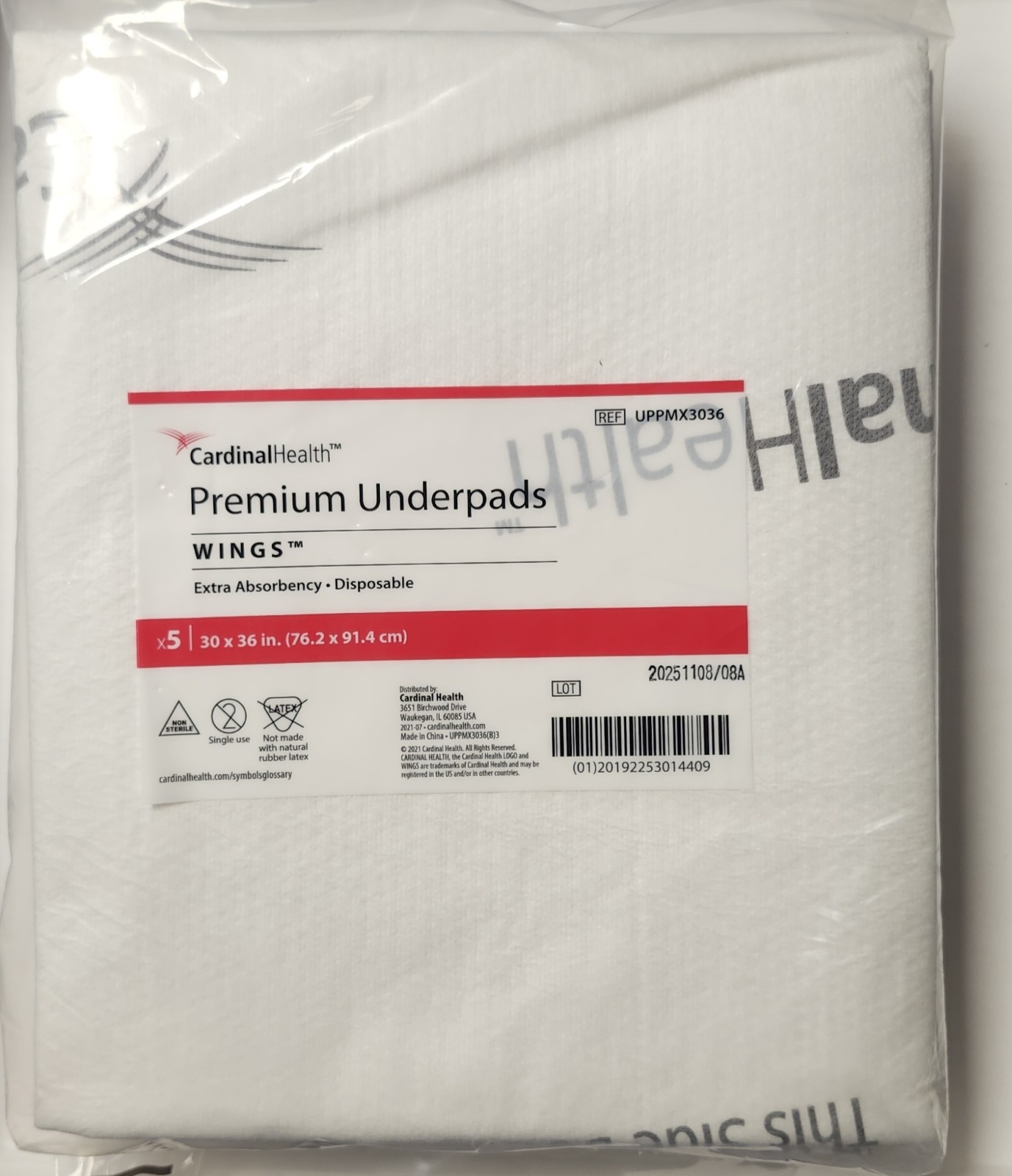5 Pack Cardinal Health Premium Underpads Wings 30x36in Extra Absorb Disposable