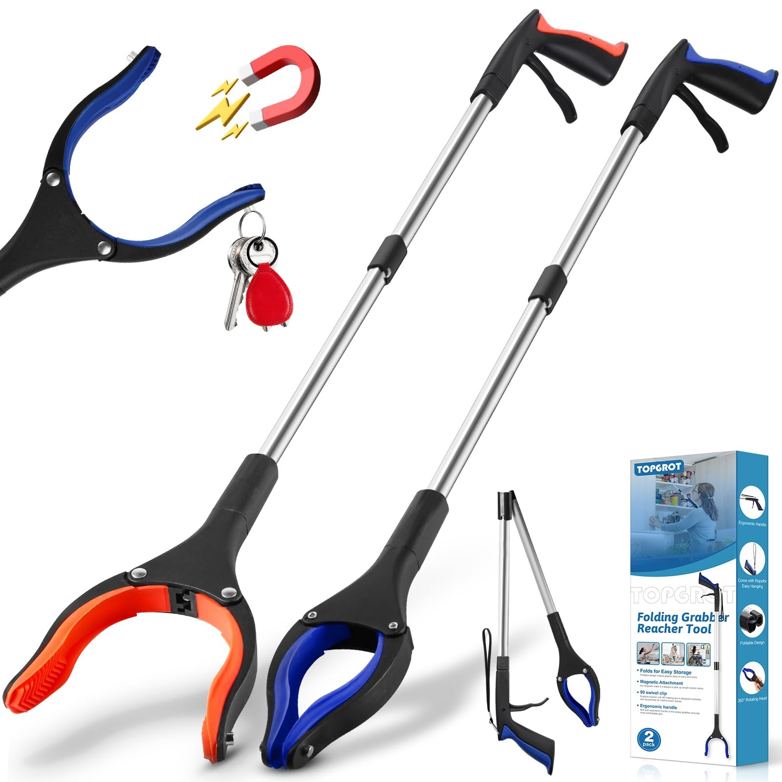 TOPGROT 2-Pack Grabber Reacher Tool, 34″ Foldable 34″, Blue and Orange