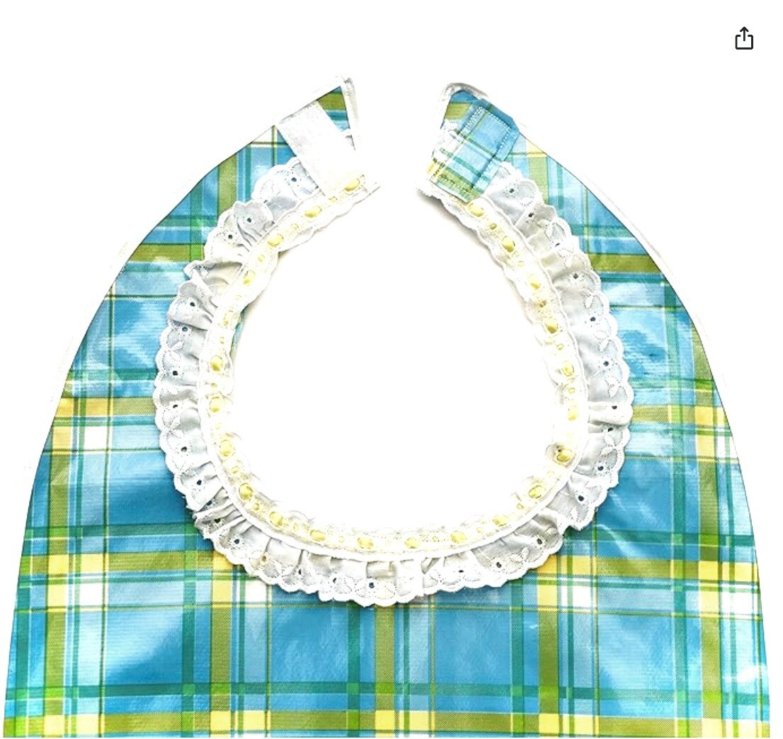 Adult Dining Oilcloth Bib,Blue Plaid,White RuffleCollar,Loop&Hook Closure,Pocket