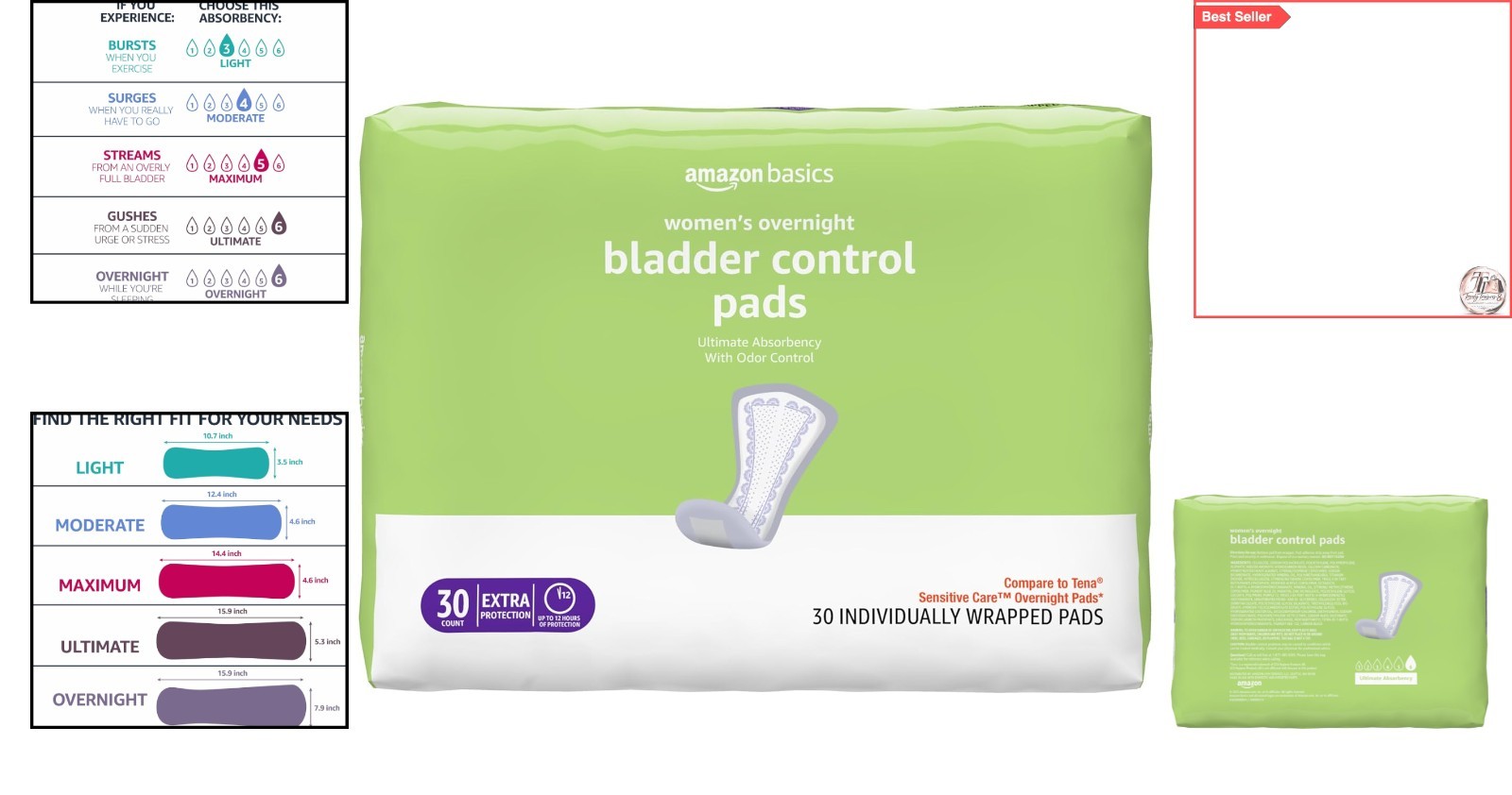 Overnight Incontinence & Postpartum Pads – 30 Count, Dri-Fit Comfort & Odor C…