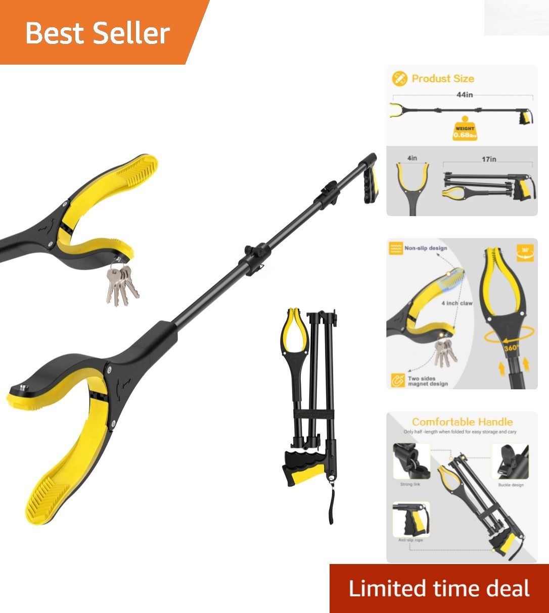 Magnetic 44 Inch Grabber Tool with 360° Jaw – Ideal for Seniors & Mobility Aid