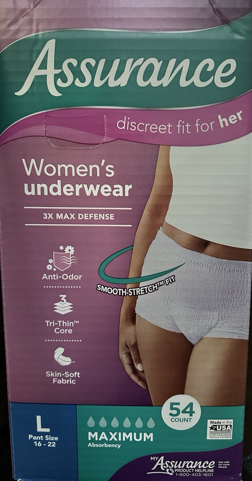 Assurance Womens Size L Discreet Underwear Maximum Absorbency Anti Odor 54 Count