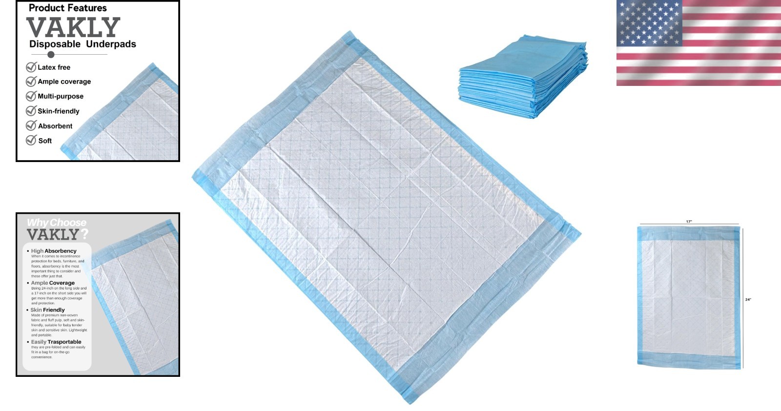 Skin-Friendly Disposable Underpads 17”x24” for Effective Protection (25 ct)