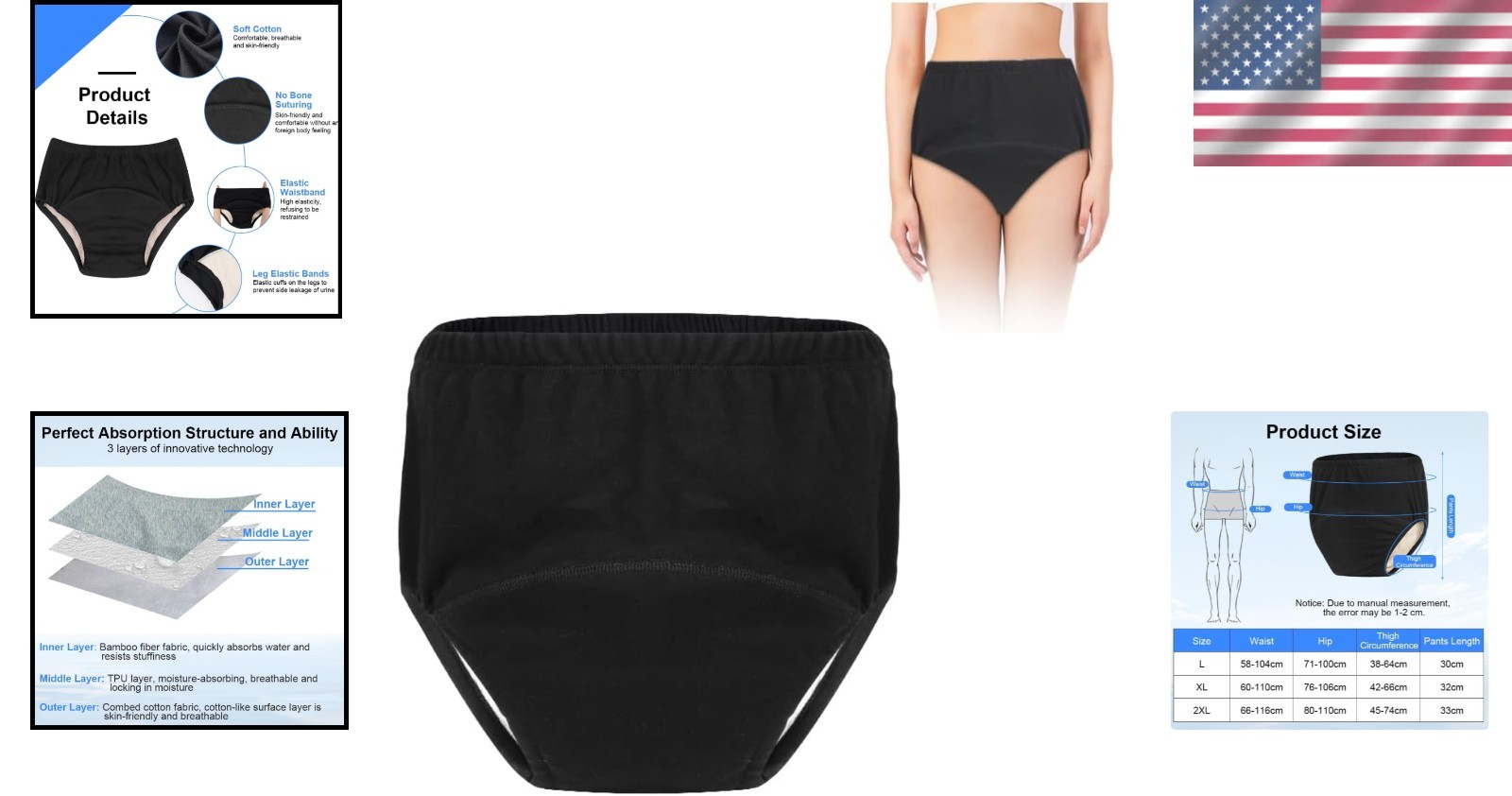 Black Reusable Adult Diaper Cover – Soft Cotton, 200-300 ml Absorbency