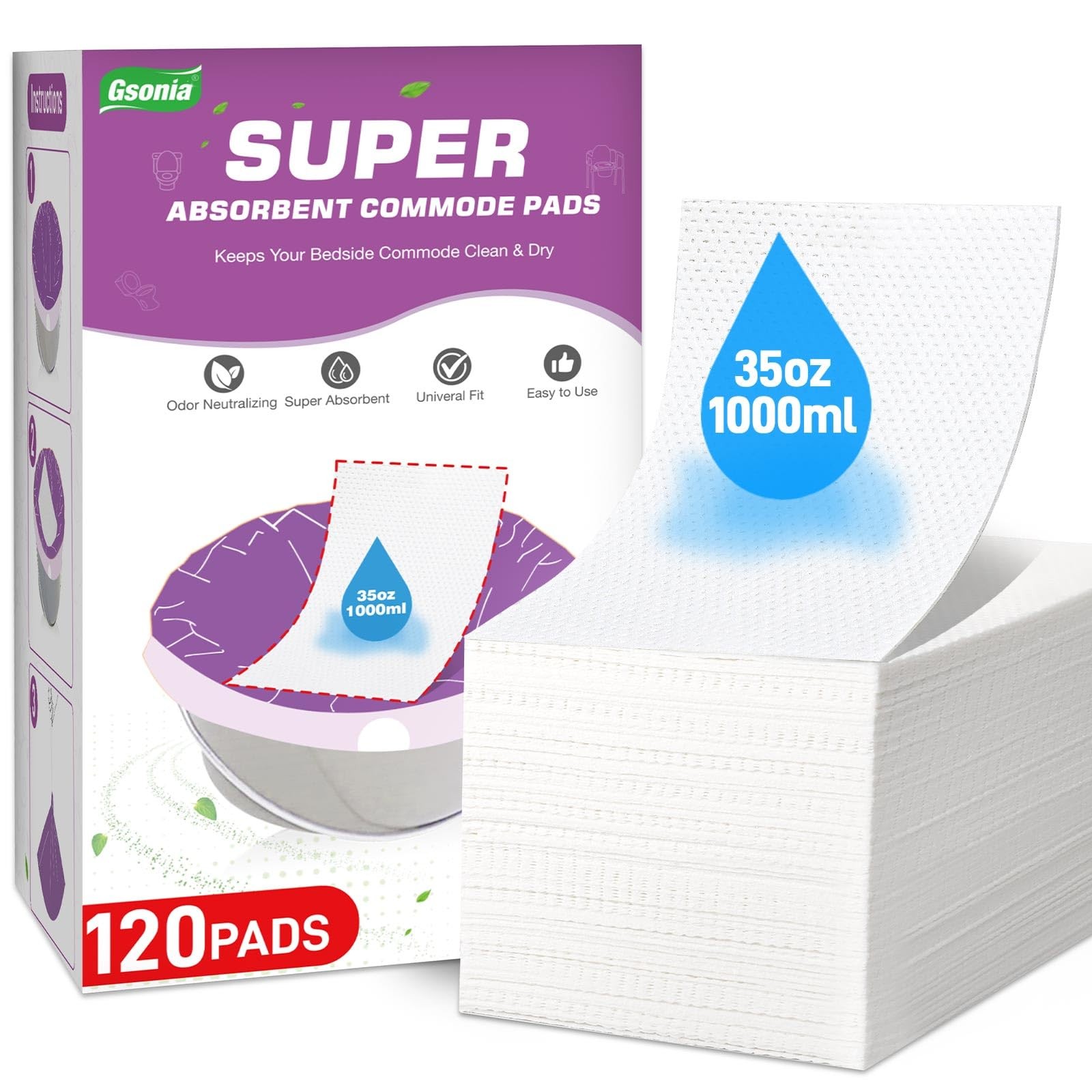 Commode Absorbent Pads 120 Pack for Bedside Commode Liners, Disposable Pads w…