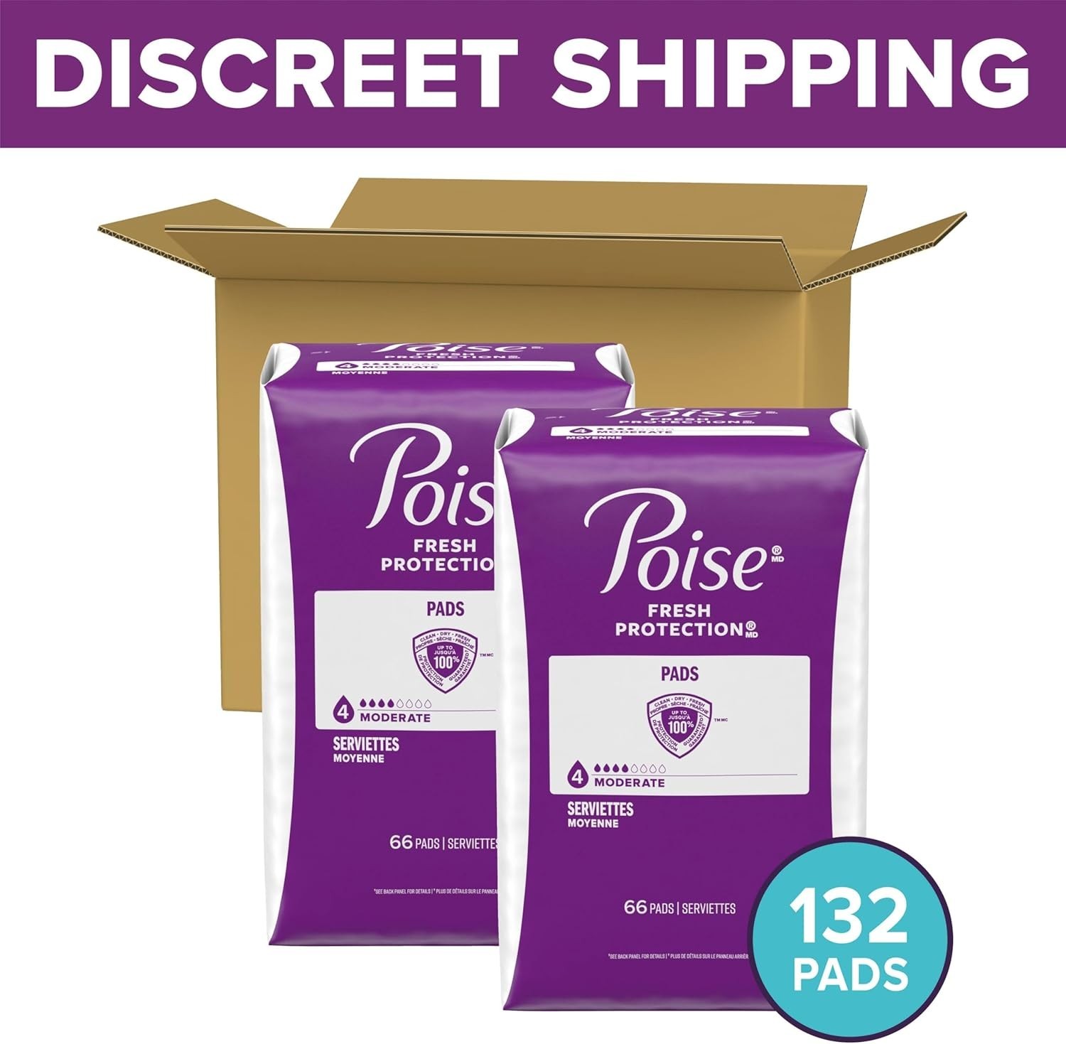 Poise 132 Count Bladder Leak Pads – 4 Drop Moderate Absorbency & Odor Control