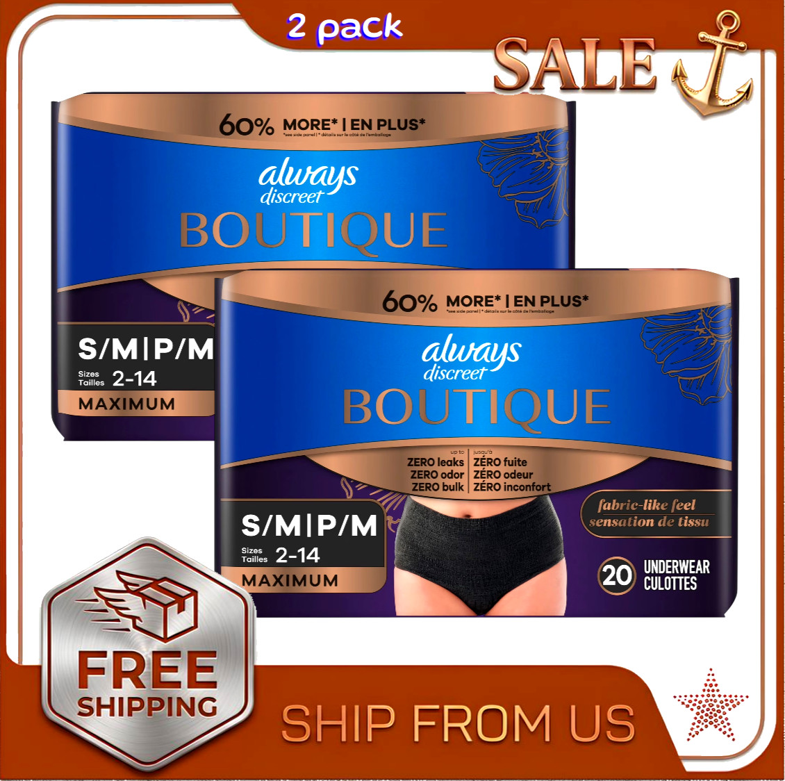 Always Discreet Boutique Women Incontinence Underwear S/M 20 Ct 2 Pack