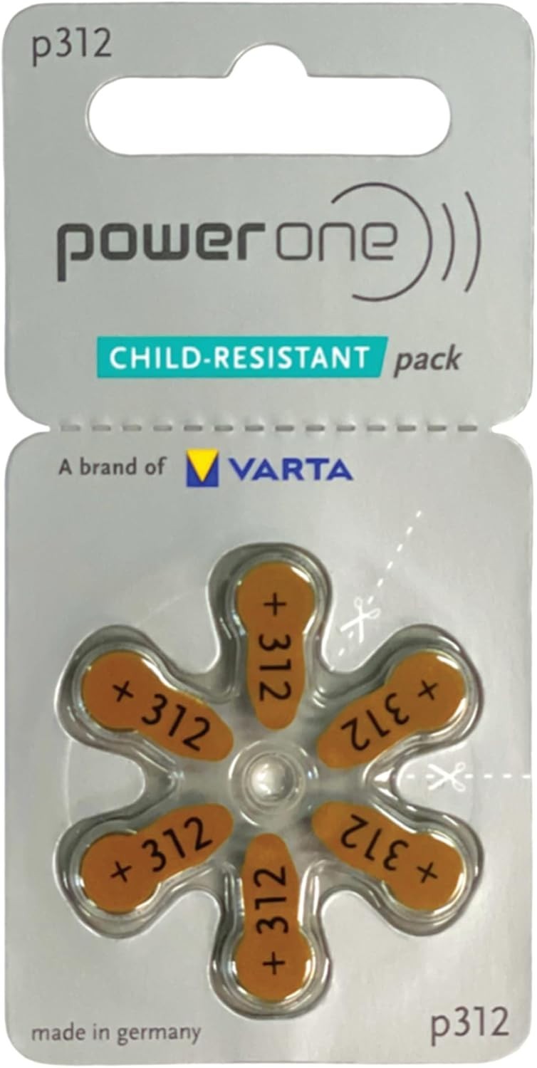 Pack of 6 PowerOne P312 Hearing Aid Batteries Expire 05-2029