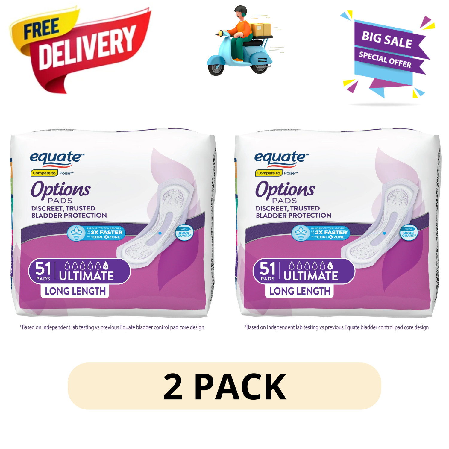 (2 Pack) Equate Options Incontinence Pads Women 102 Ct Ultimate Absorbency Long