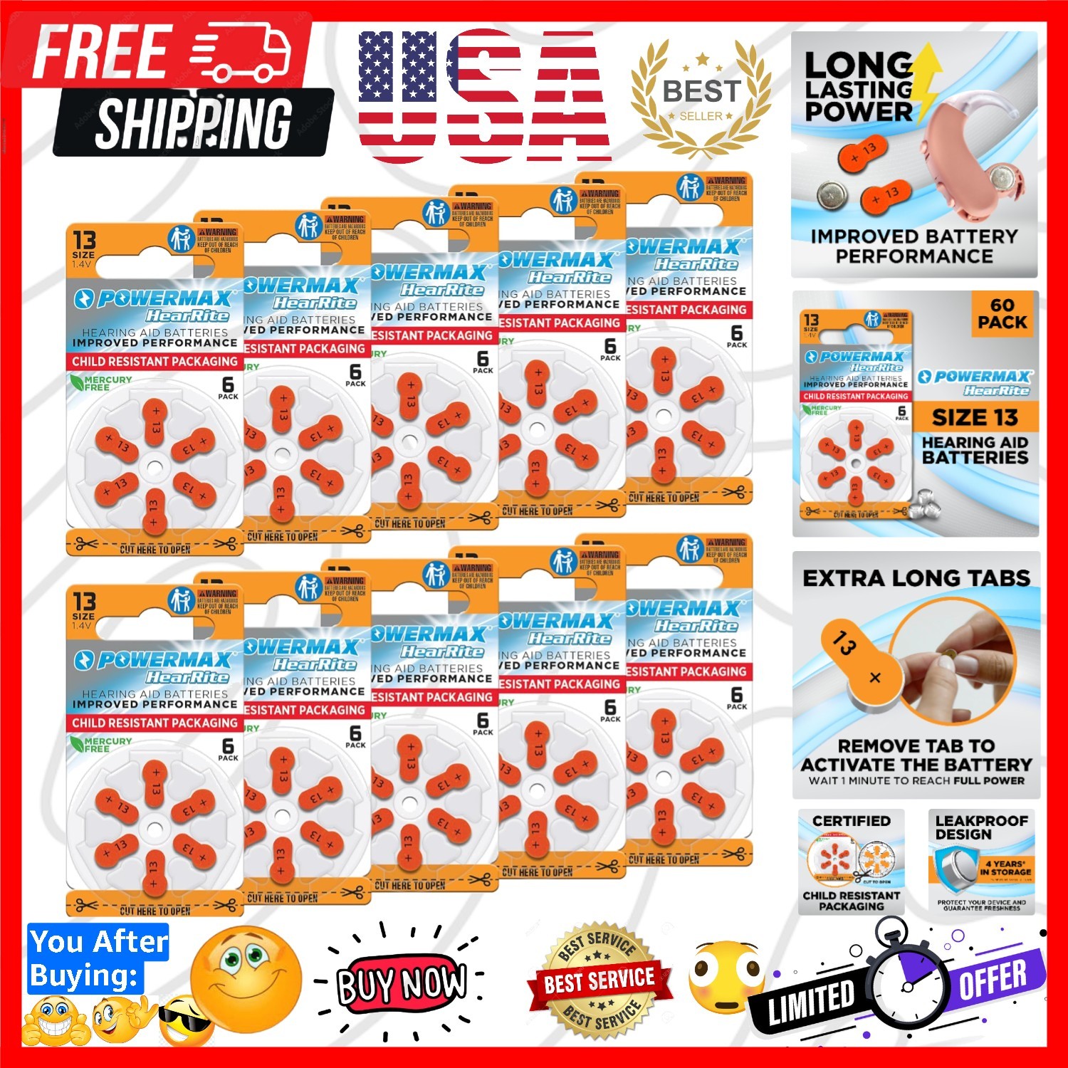 Size 13 Hearing Aid Batteries, 60 Count Long-Lasting Battery Pack, Orange Lon…