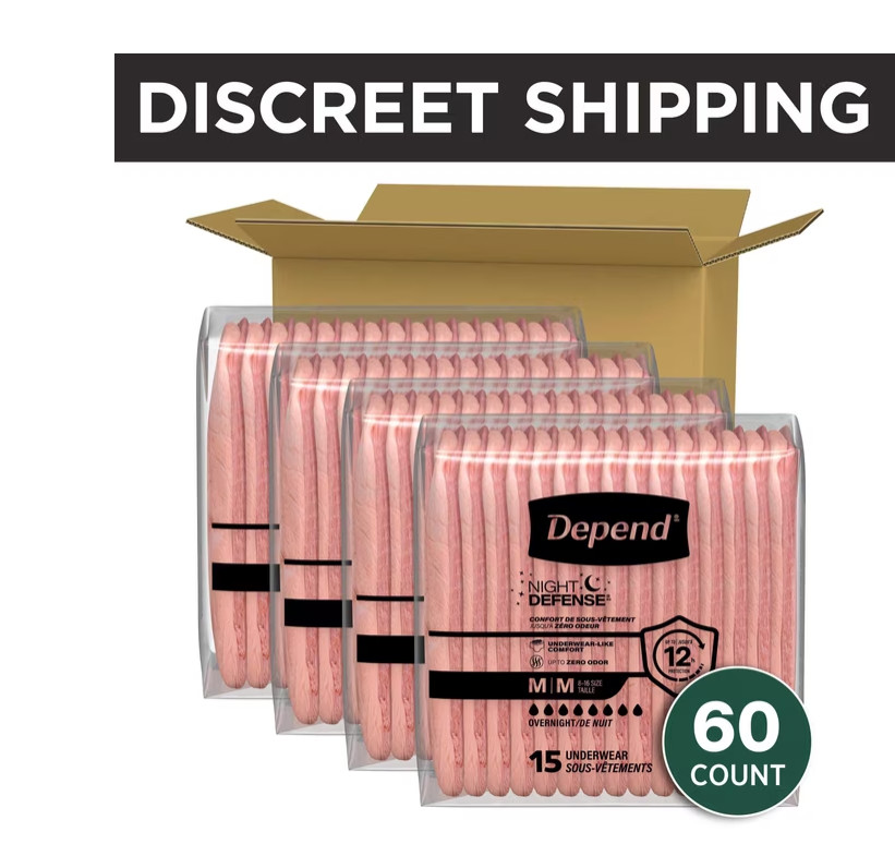 Depend Night Defense Incontinence Underwear for Women, Adult Diapers,M, 60 Count