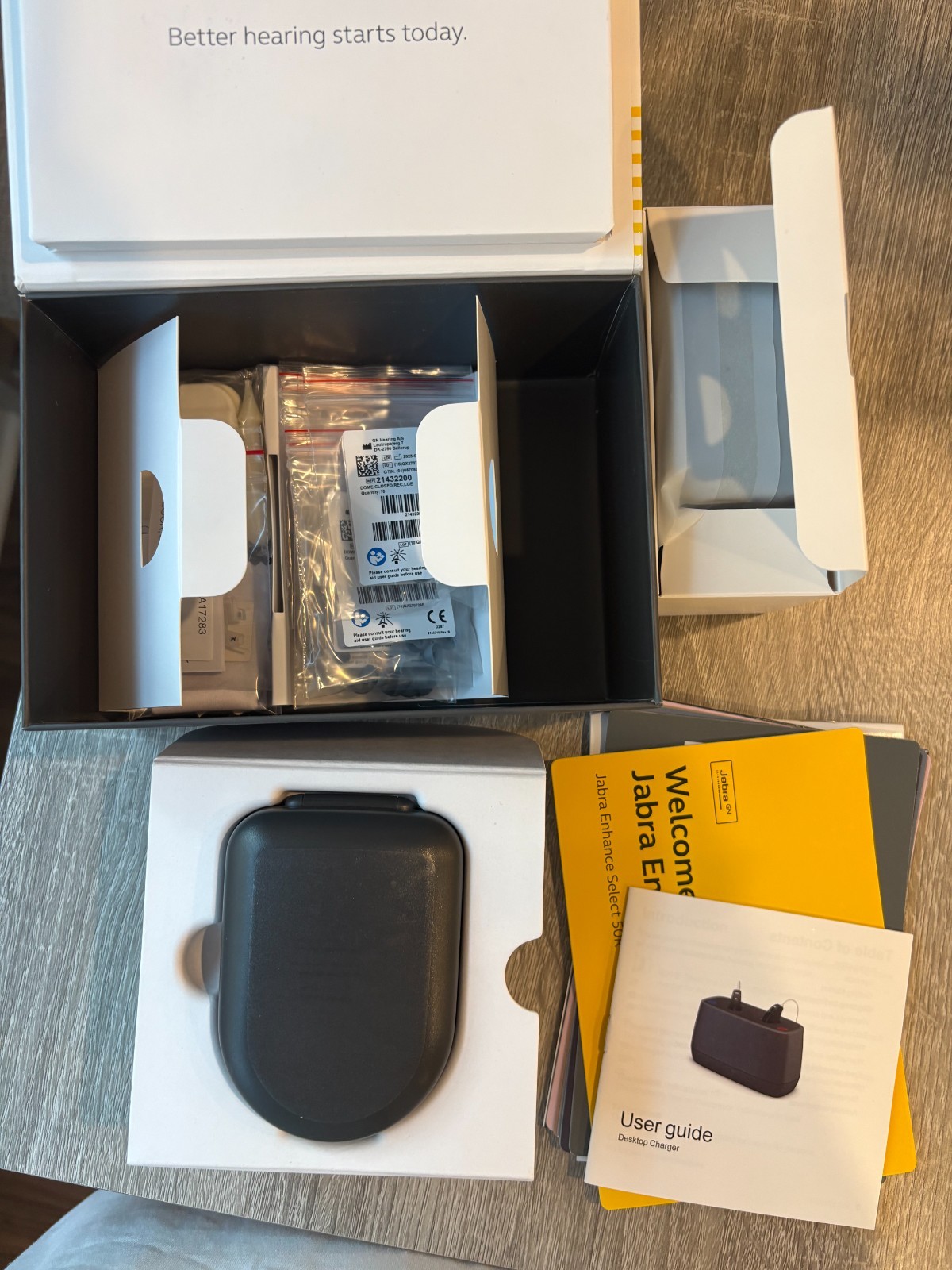 Preowned Jabra Enhance OTC Hearing Aid Box open only
