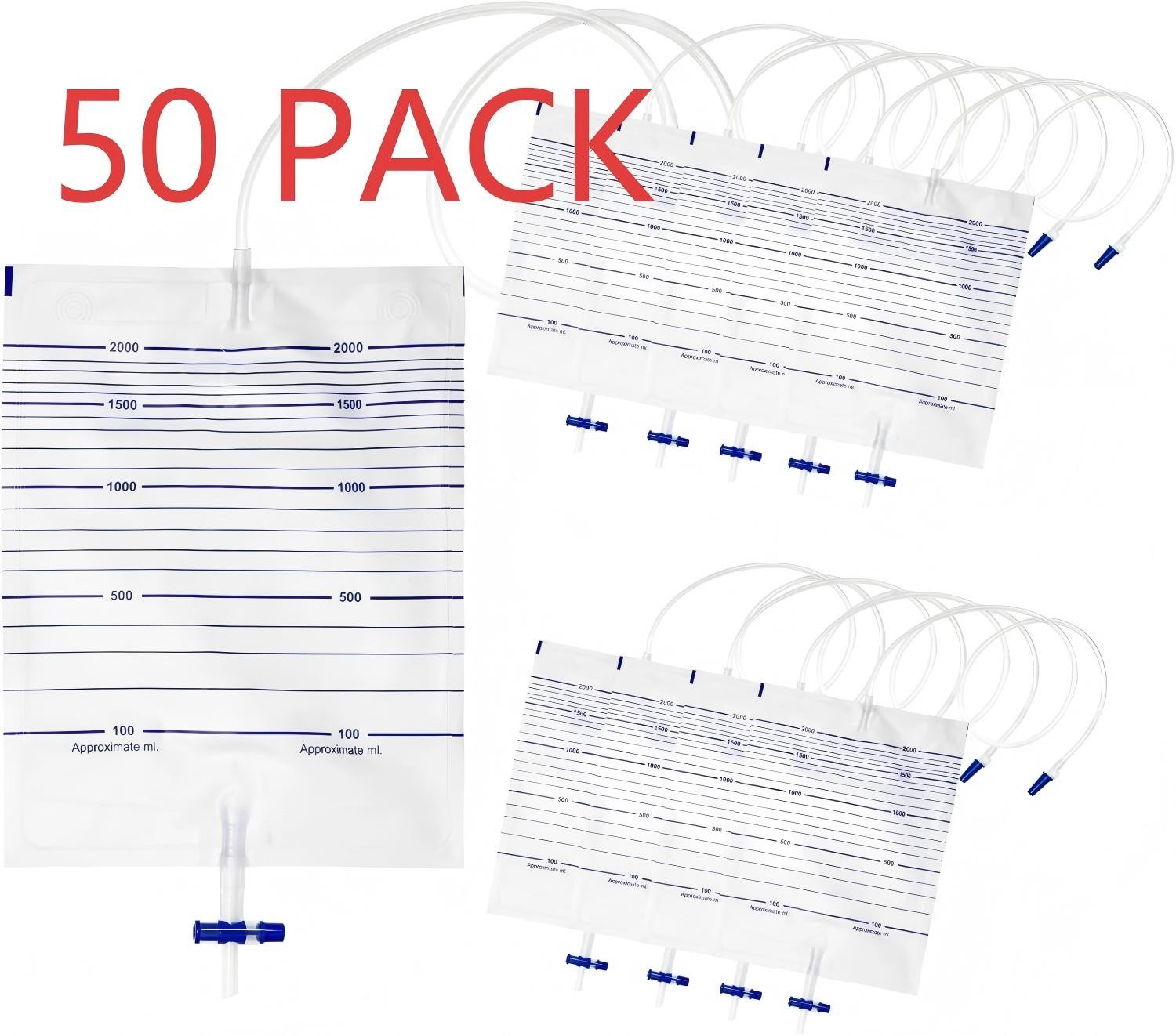50 Pack Urinary Drainage Bag, 2000mL Drain Bags for Home & Hospitals Health Aids