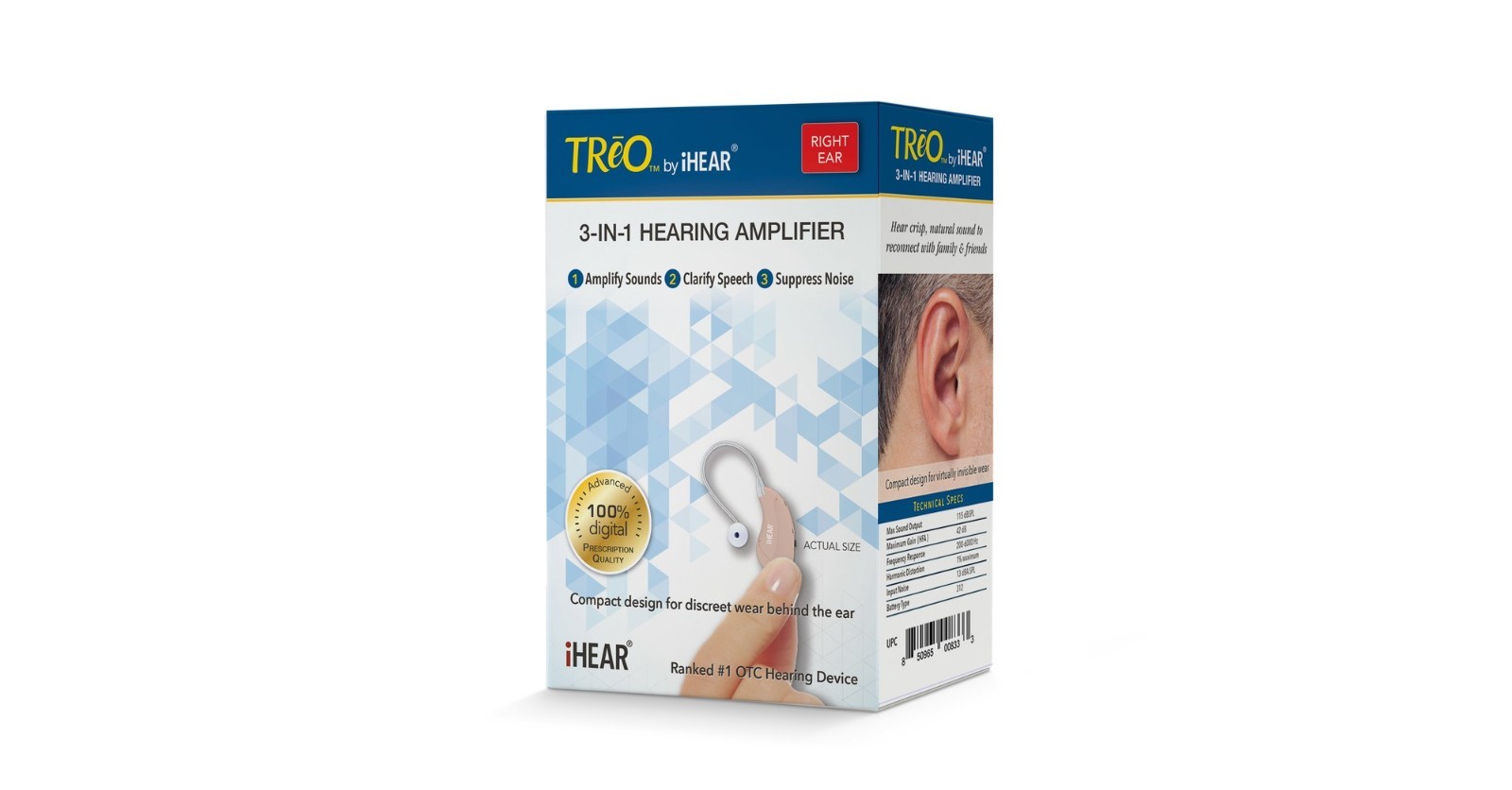 Treo by iHEAR Right Ear 3-in-1 Hearing Amplifier Rechargeable Hearing Device