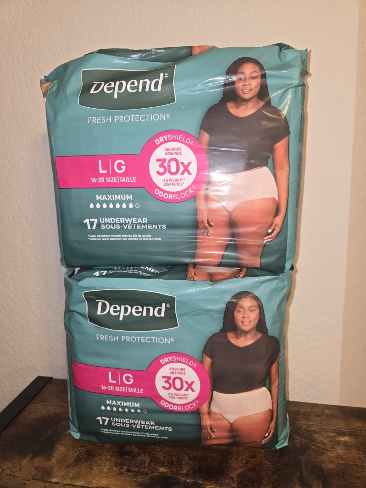LOT (2) DEPEND WOMEN’S MAXIMUM DISPOSABLE UNDERWEAR, SIZE L (16-20), 17 CT