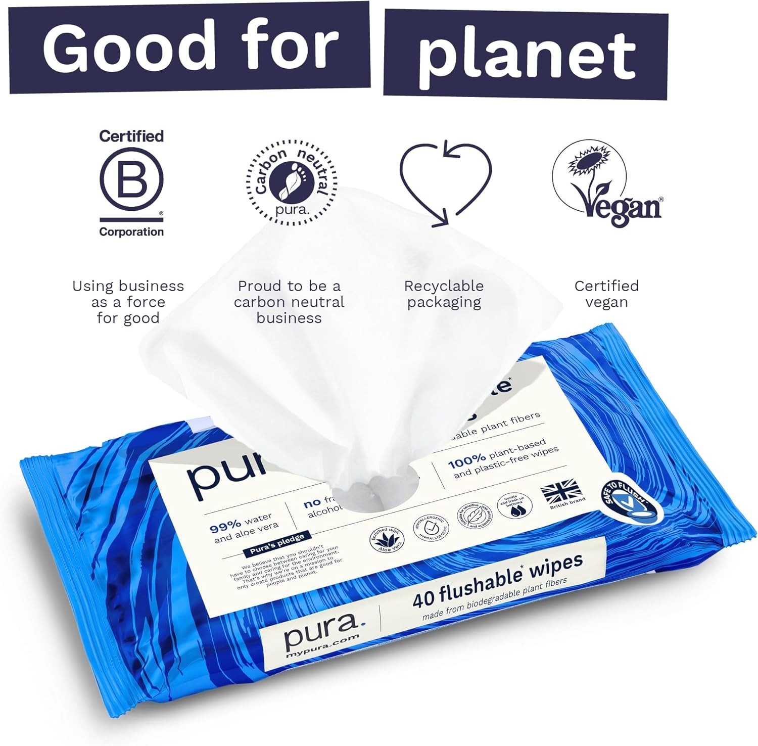 Pura Adult XL Flushable Unscented Wipes, 1 Pack of 40 Toilet Wipes, Wet Wipes