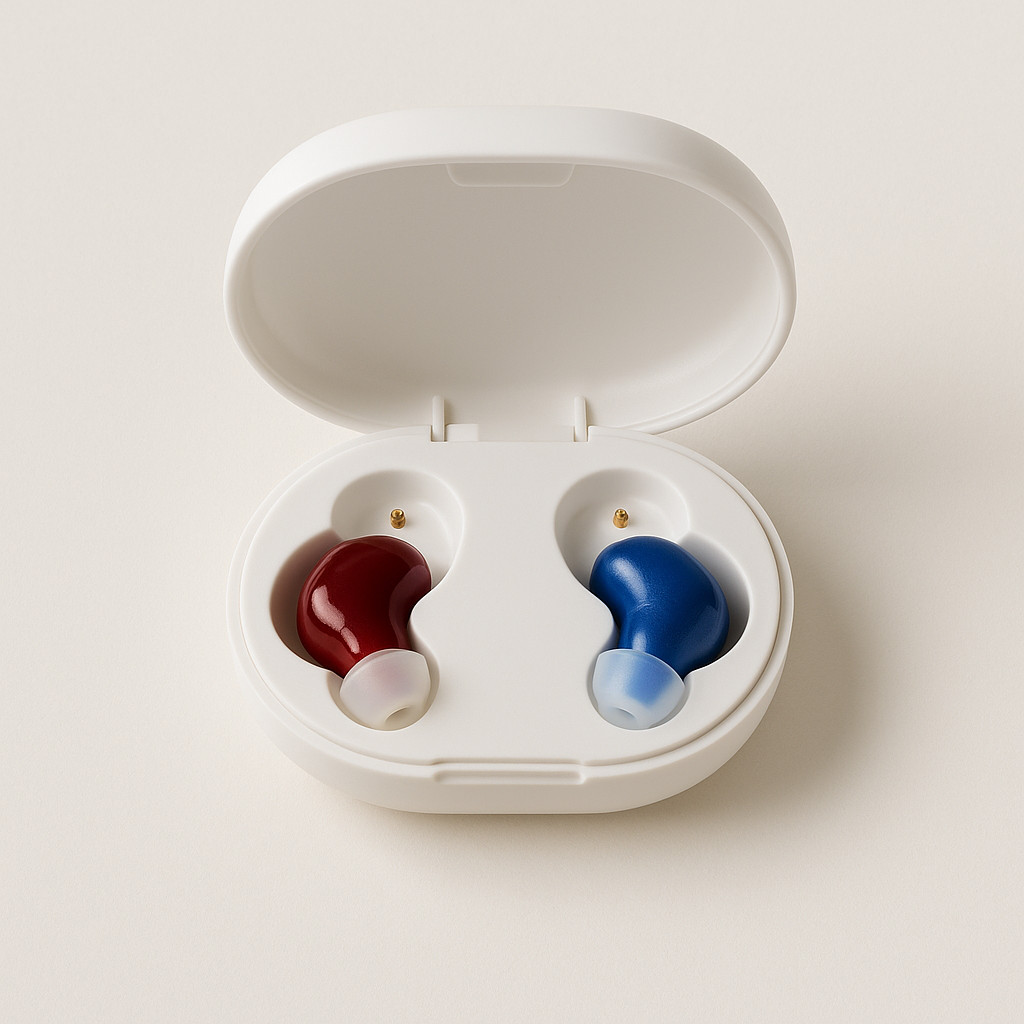 Hearing Amplifier Blue + Red ITE OTC Mini Pair Noise Reduction Charging Case