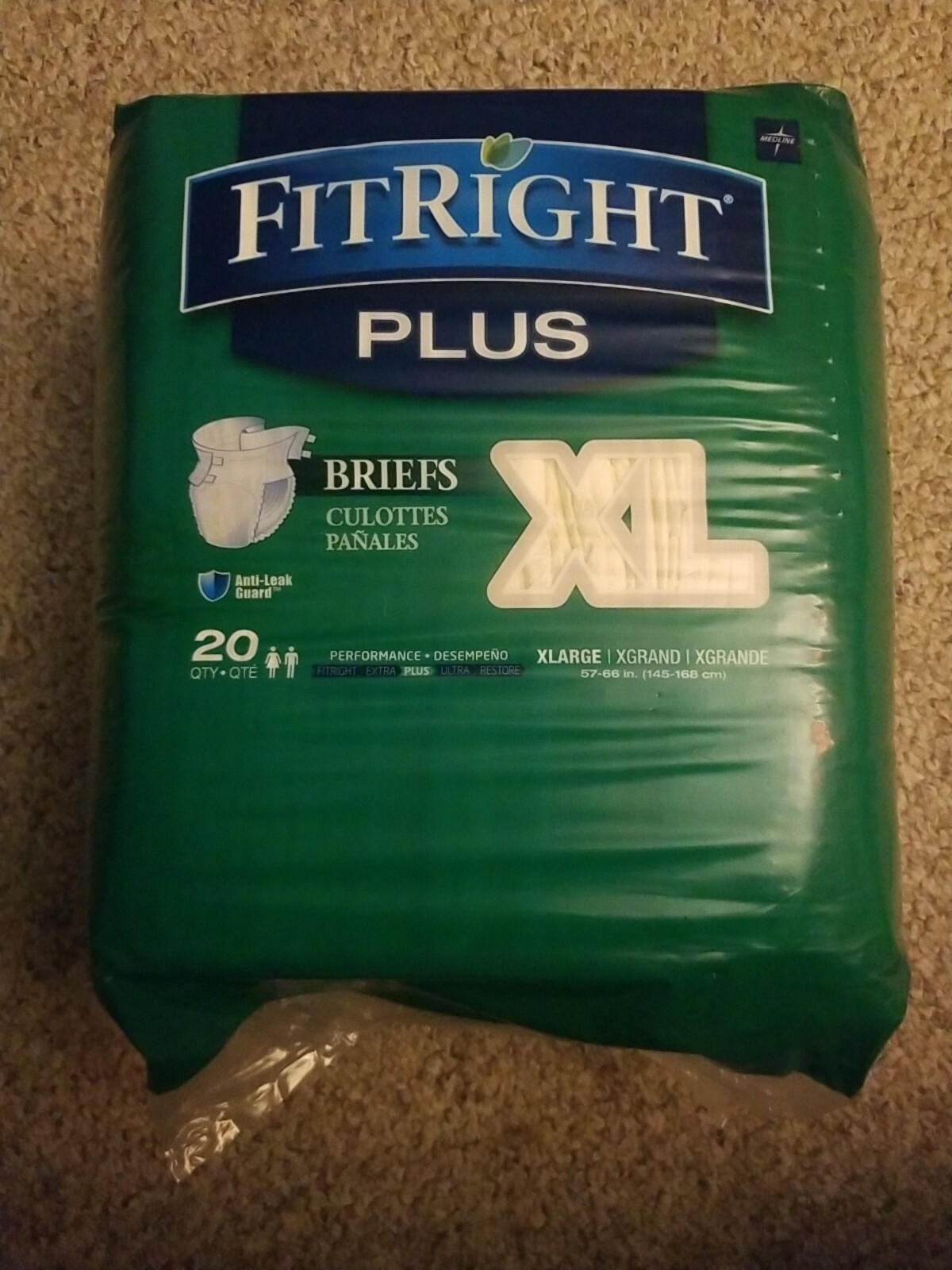 FitRight Plus Adult XL Briefs 20 Pack Disposable w/ Tabs Medline Anti Leak