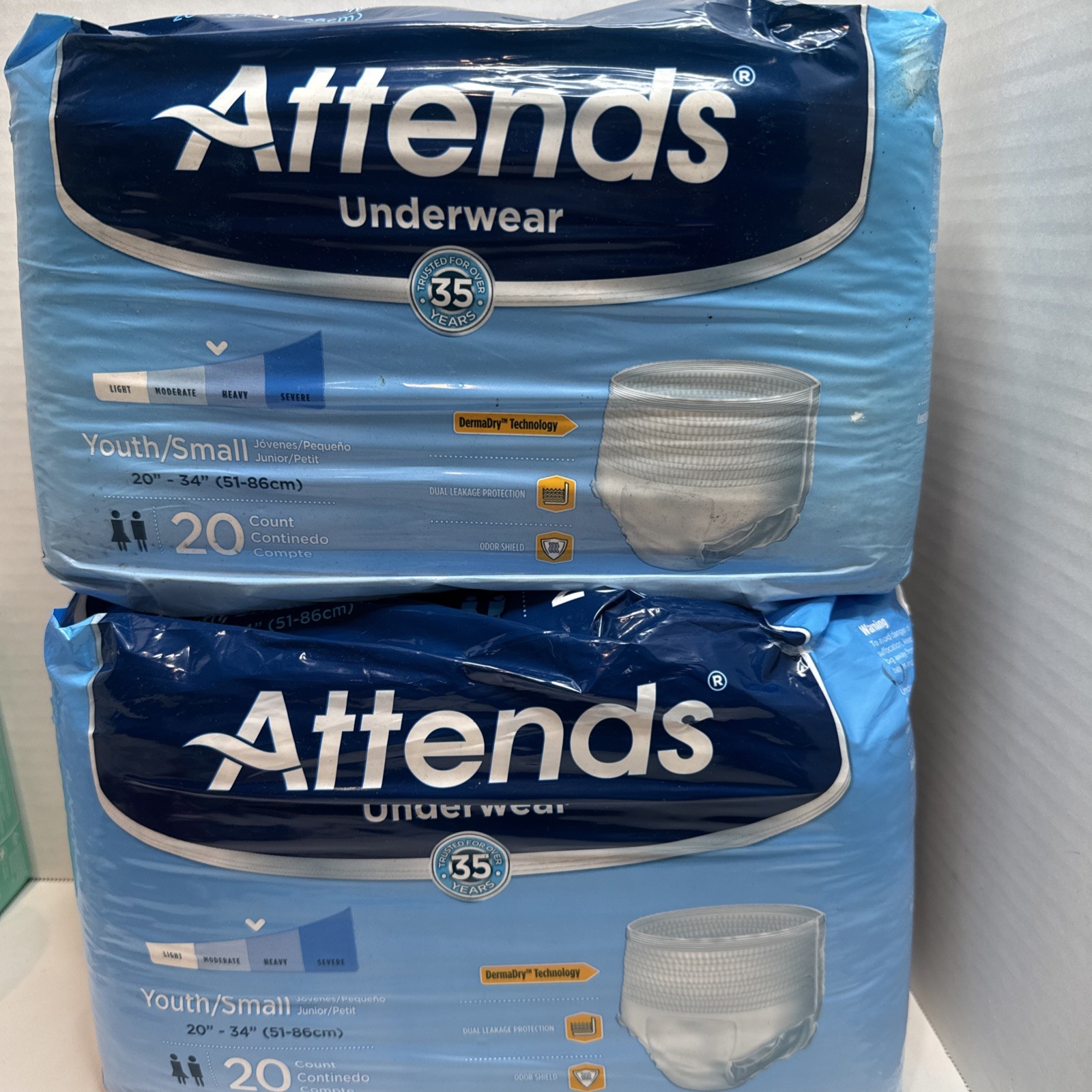 Attends Underwear Youth Small 20”-34” Heavy Odor Shield 20 Count Active 2 Packs