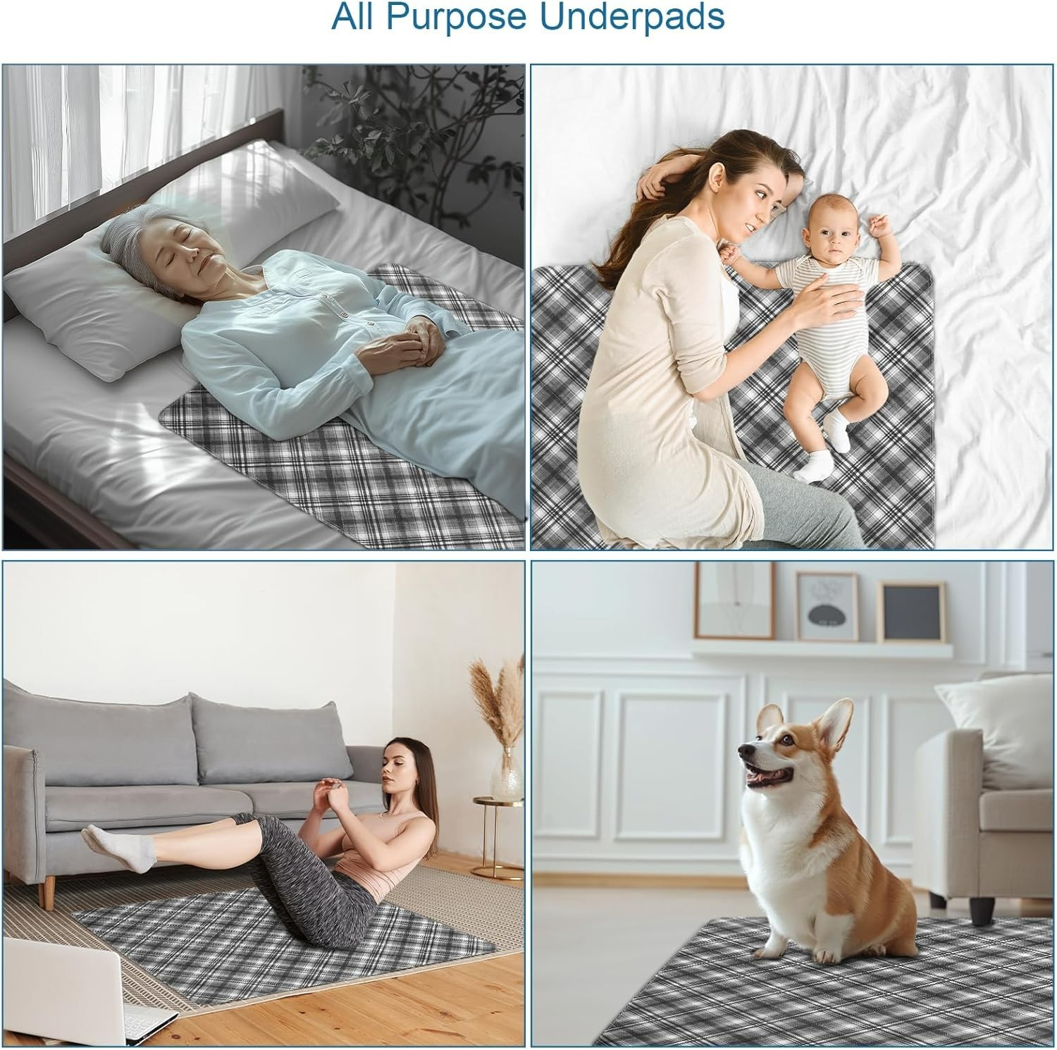 Washable Bed Pads 4 Pack 34″x36″ Reusable Incontinence Bed Wetting Pads Plaid